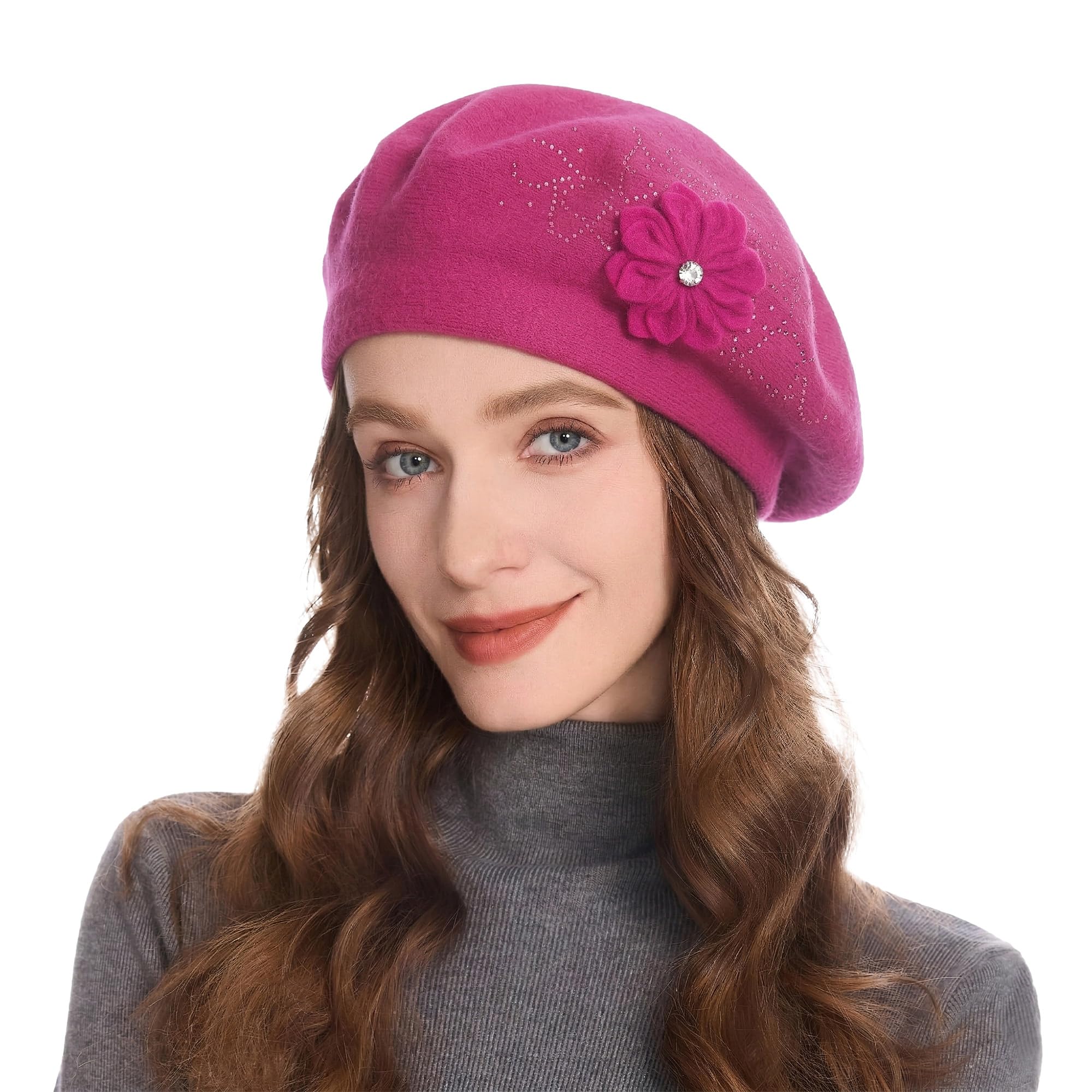 ZLYC Damen Französische Baskenmütze Winter Barette Beret mit Blumen Blumen Verziert