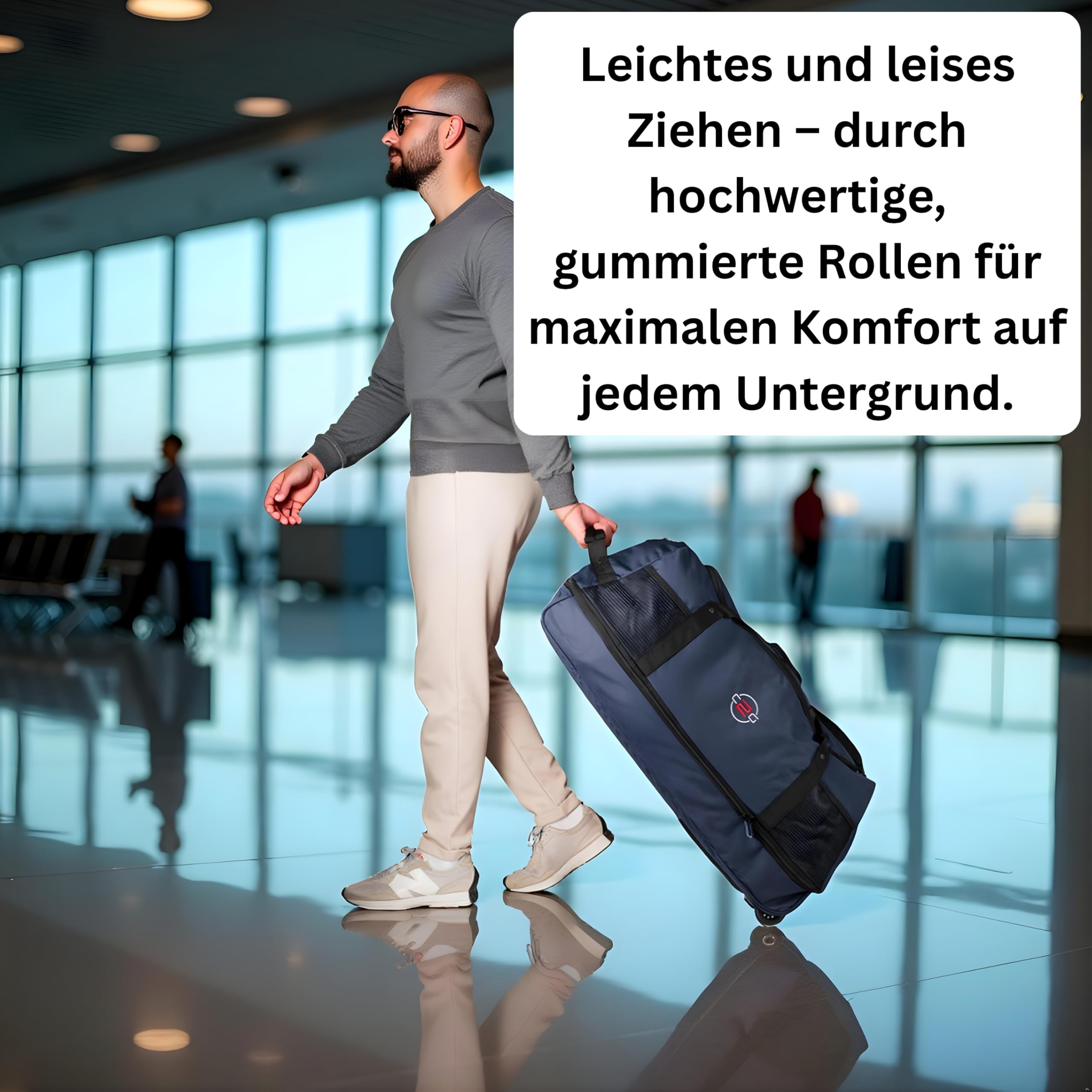 Große Reisetasche mit Rollen 120 L – Faltbare Rolltasche & Sporttasche XXL – leicht, robust & platzsparend – ideale Reisetasche zum Ziehen für Urlaub, Sport & Training (Navy)