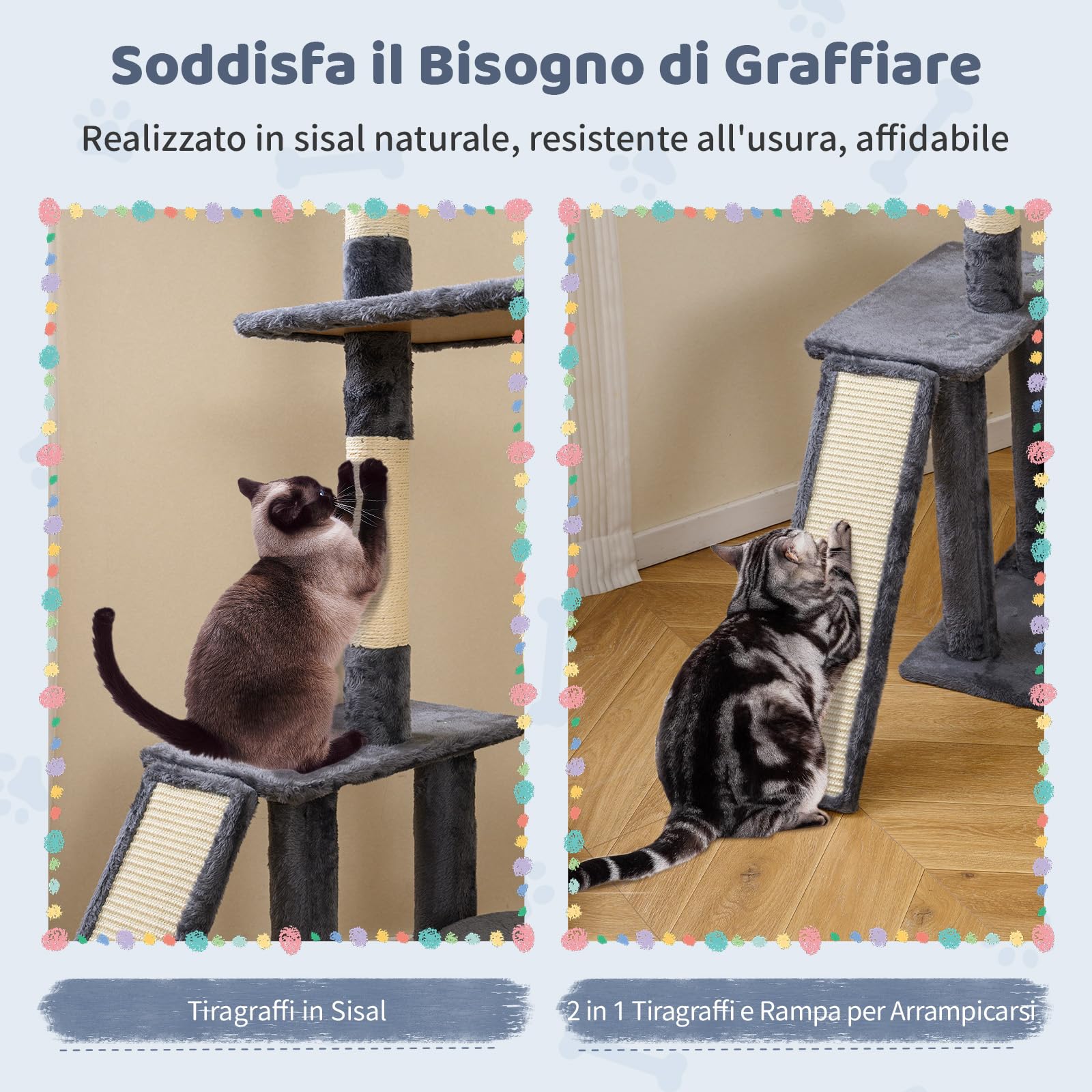 GYMAX Tiragraffi a 7 Livelli, Albero per Gatti in Legno con Casetta per Gatti e 2 Piattaforme, Albero Attività con Tronchi, Pannelli da Graffiare e Palline Gioco, Torre Tiragraffi (Grigio scuro)
