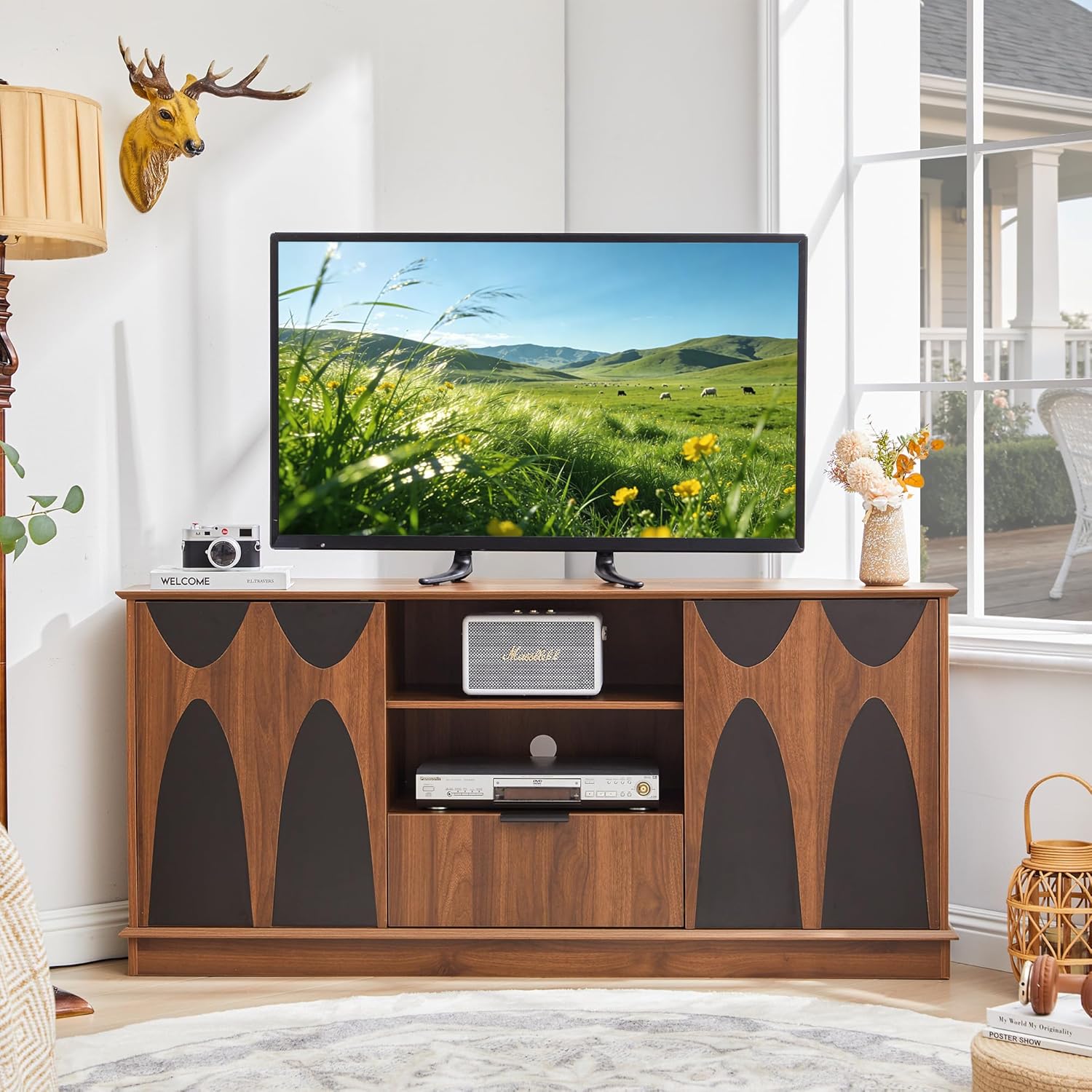 Corner TV Stand for TVs up to 65 inch, 58" Modern Entertainment Center with Storage Doors and Adjustable Shelves, Media Console with Drawer and Cable Management for Living Room (Walnut and Black)