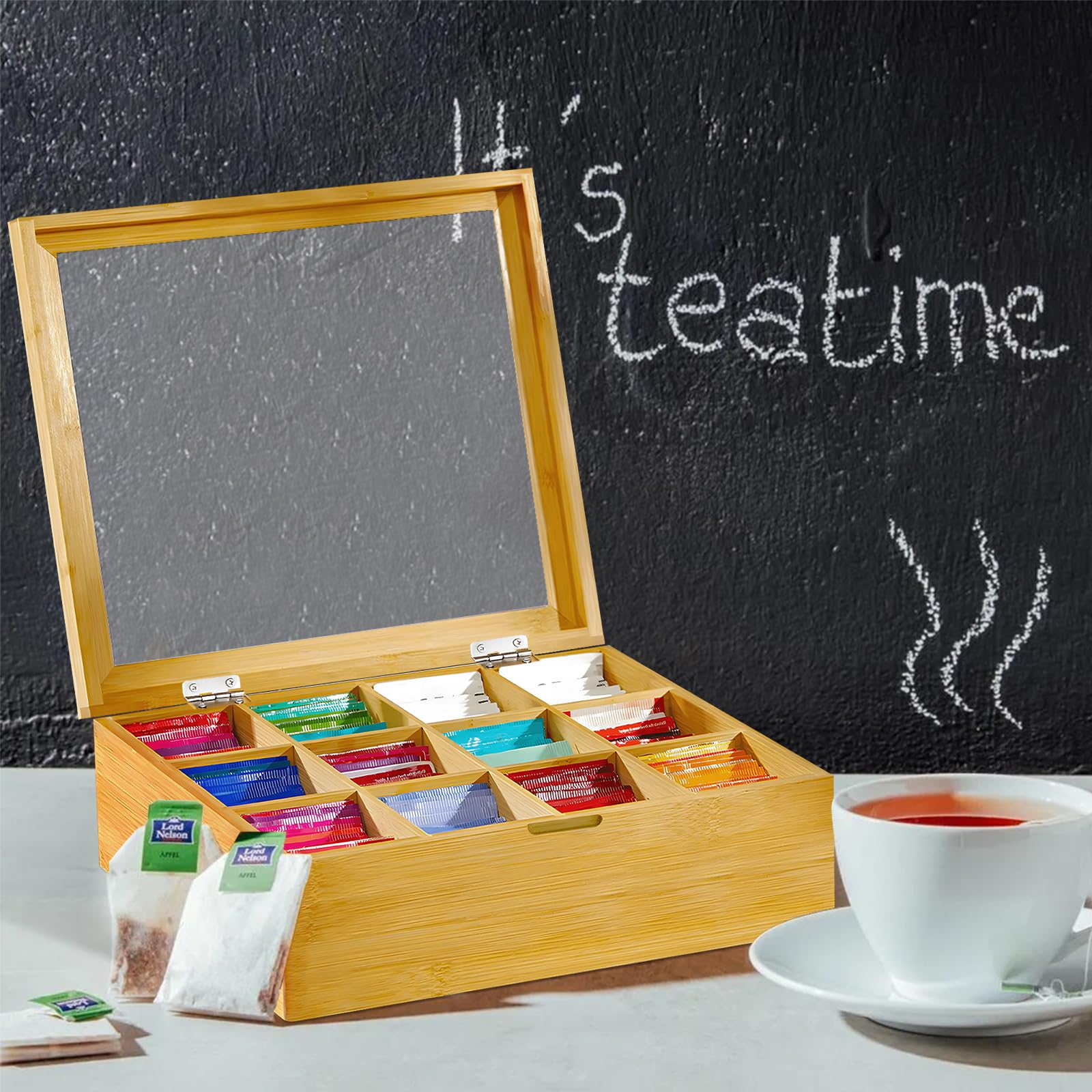 Scatola da Tè in Bambù, Contenitore per Bustine da Tè con 5 Scomparti, Scatola Porta Tè con Coperchio in Acrilico, Porta Tisane Bustine, Scatola Porta Oggetti con Coperchio per Bustine e Foglie