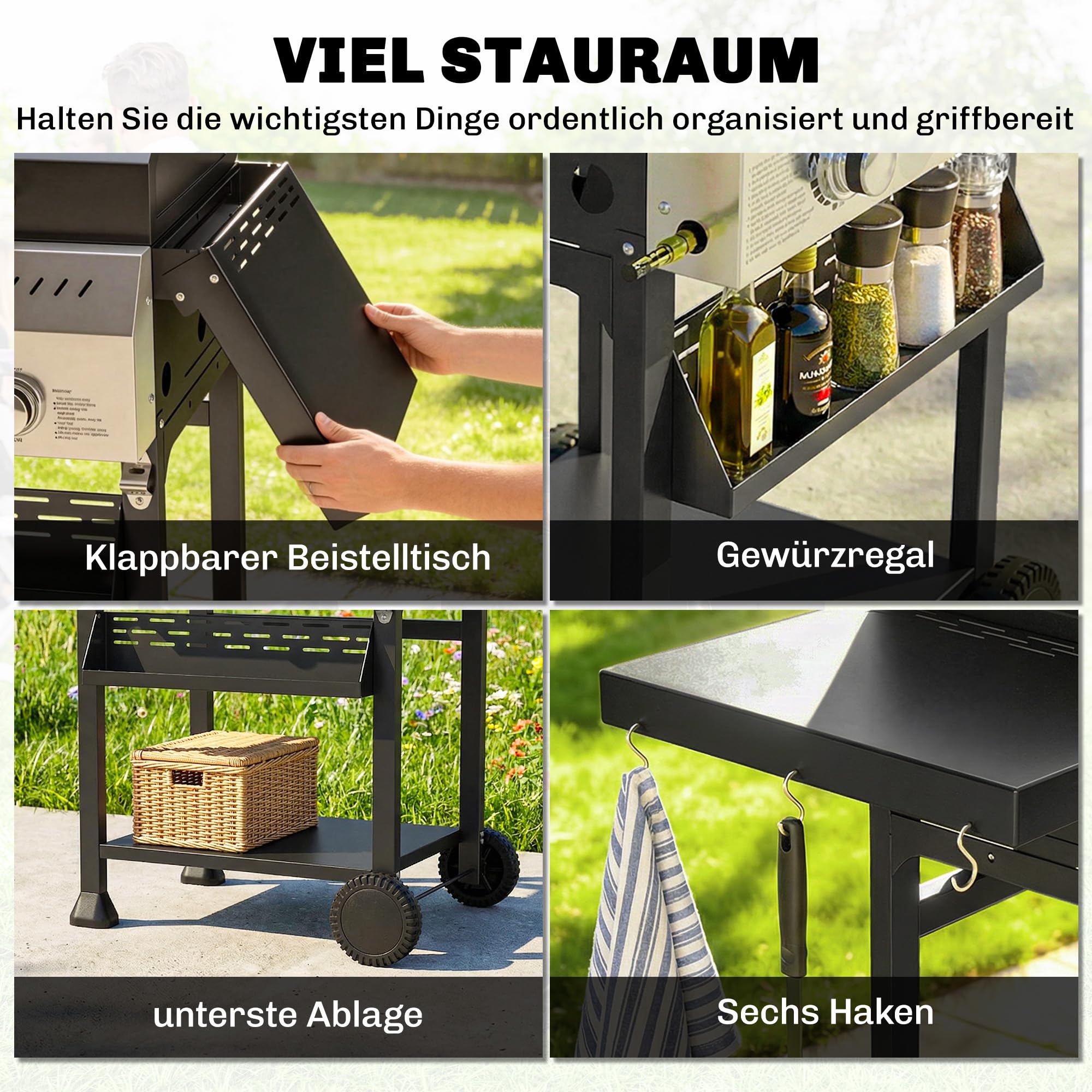 Outsunny Gasgrill 9 KW 3 Brenner BBQ Grillwagen Edelstahl inkl klappbar Seitentisch Gewürzhalter Unterregal 6 Haken Thermometer Emaille-Grillrost Warmhalterost Rolle Gas-Grill für Balkon Party