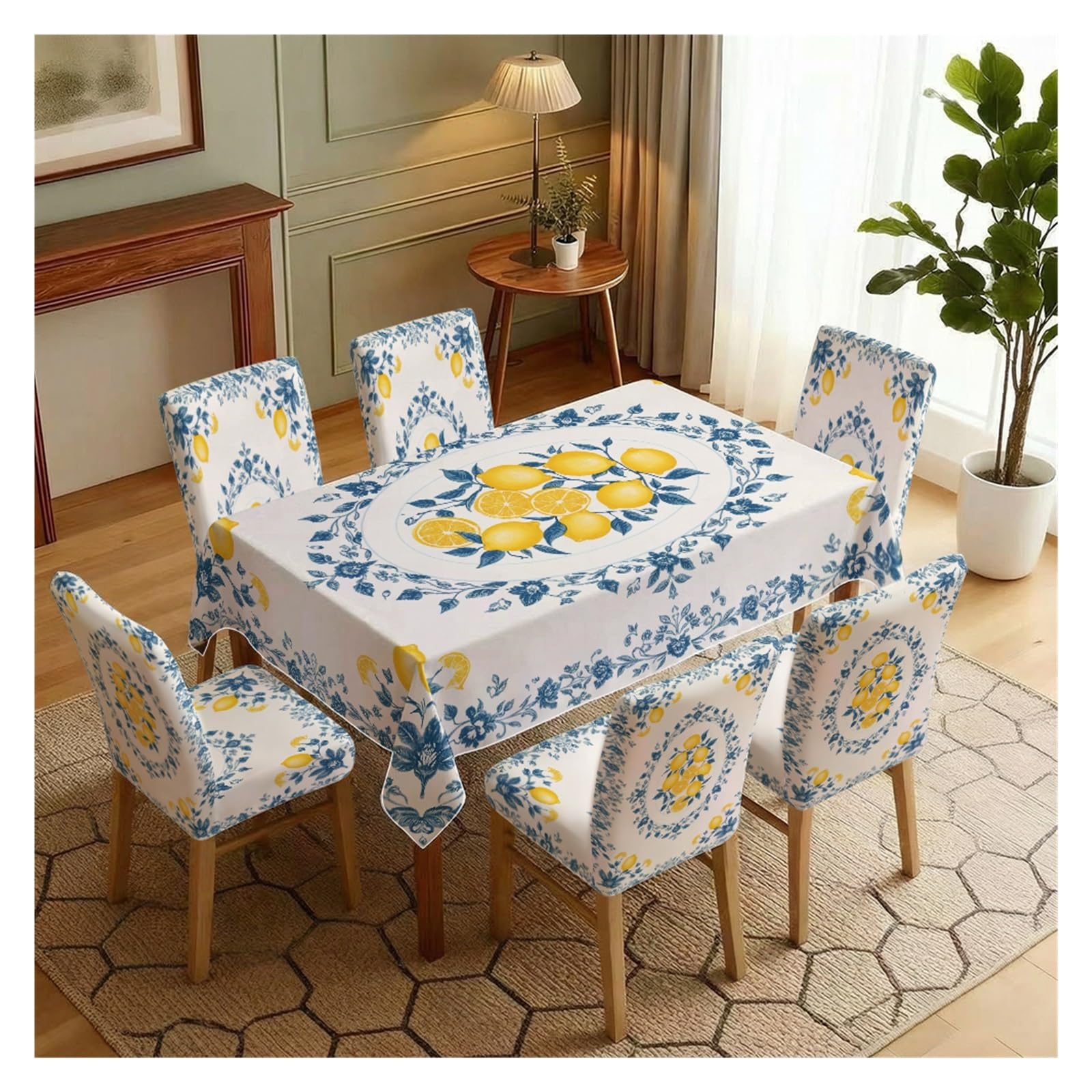 BOSUYBN Elegant Lemon Floral Dining Set Covers, 5/7 Piece Tablecloth With Matching Chair Slipcovers For A Bright, Refreshing Dining Space Table Setting(7pcs Set: Tablecloth+Chair Covers)