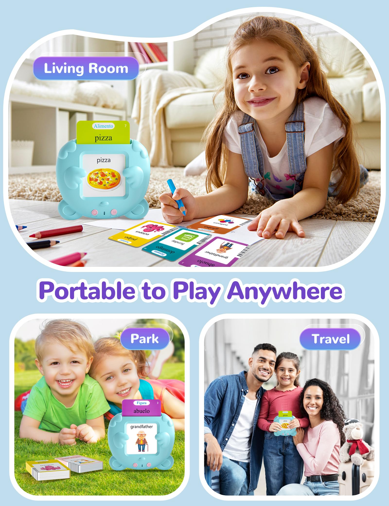 Tarjetas didácticas parlantes en español e inglés para niños pequeños, 510 palabras visuales, juguetes de aprendizaje bilingüe para niños, juguetes de terapia del habla de bolsillo para autismo 8