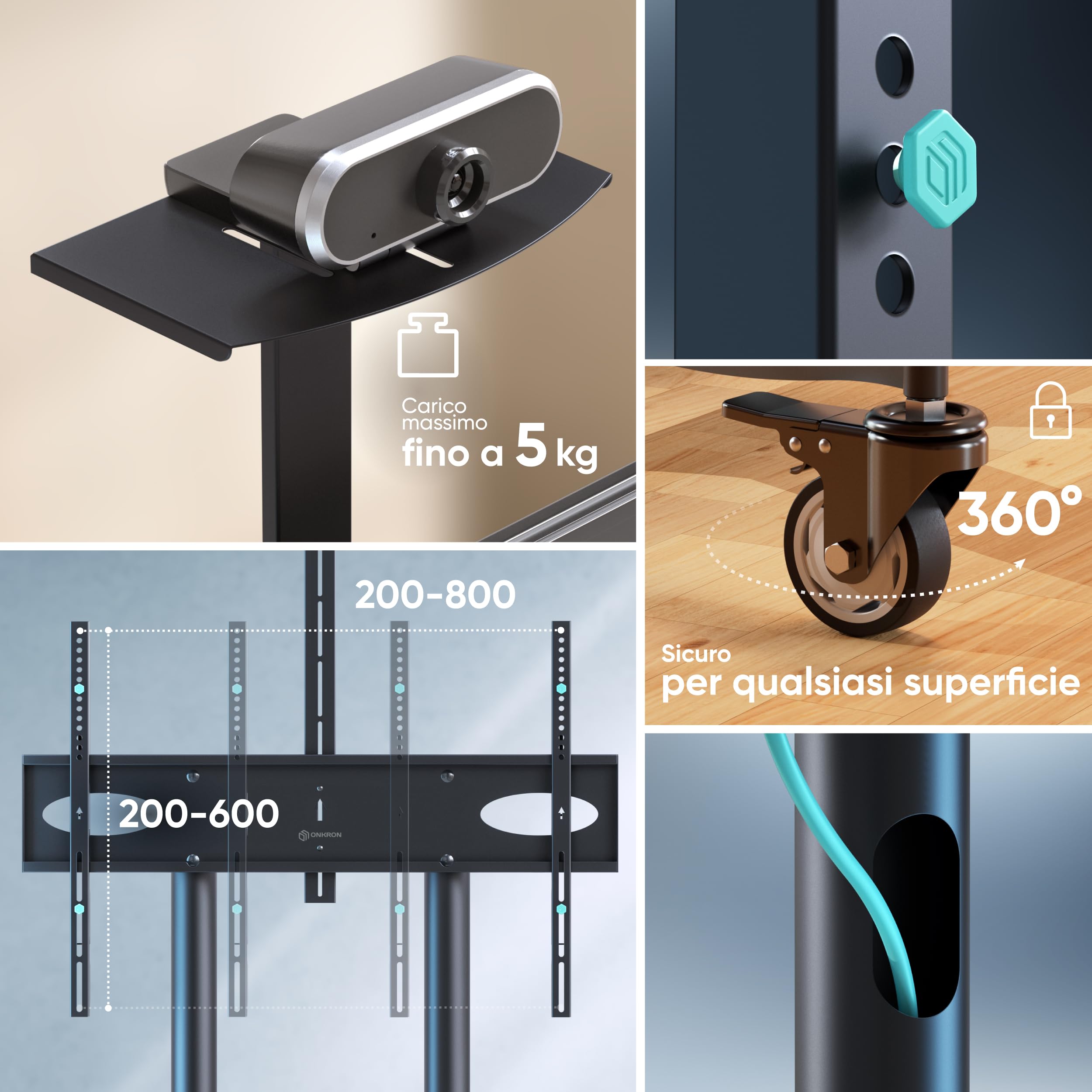 ONKRON Supporto TV con Ruote 55"-90", 75 kg, max VESA 800x600, TS1871-B | Carrello per televisore nero, altezza 1085-1590 mm, ripiano AV, mensola per webcamera, struttura in acciaio; per fiere e sale