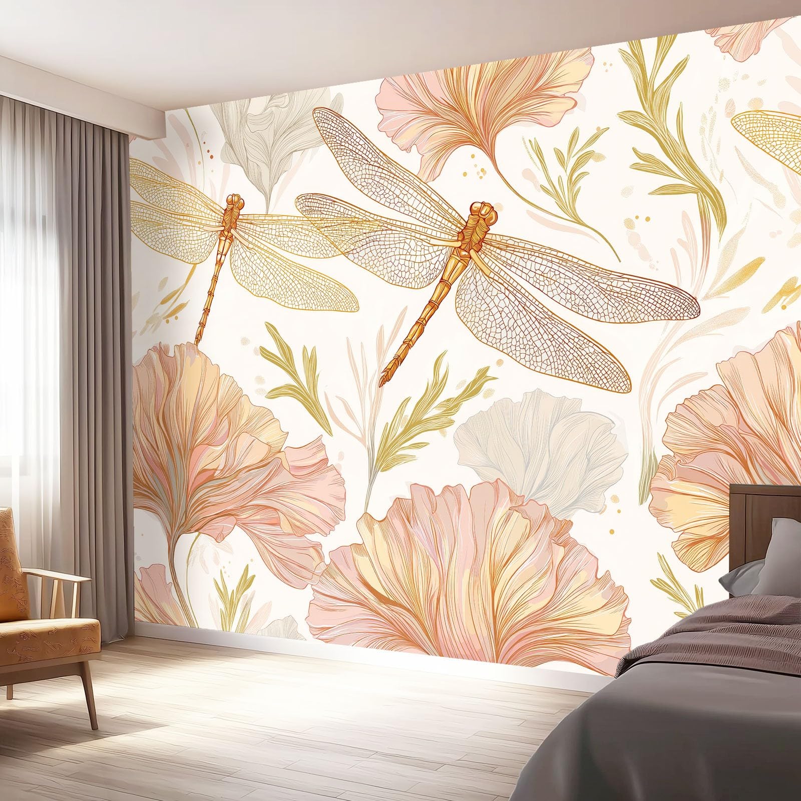 Tapeta z włókniny 350 x 256 cm, kwiatowy wzór ważki, dekoracja ścienna do głównej sypialni i salonu, kremowa