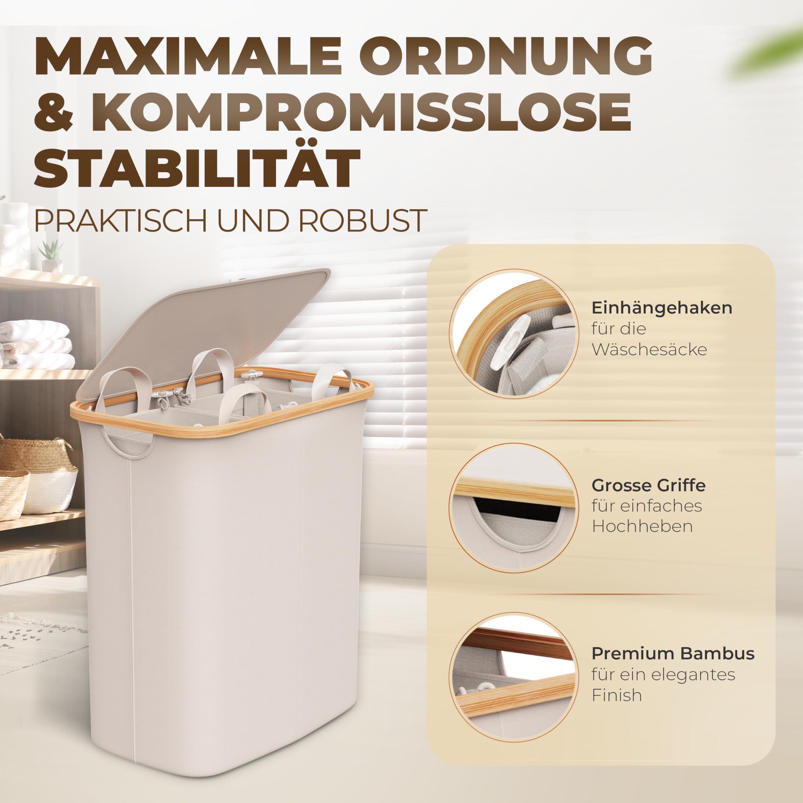 Wäschekorb 150L Faltbar mit Deckel und 2 Fächern – Wäschesammler Bambus-Stoff Beige – Wäschebox, Wäschetruhe, Wäschebehälter, Wäschetrenner für Bad, Schlafzimmer & Waschküche