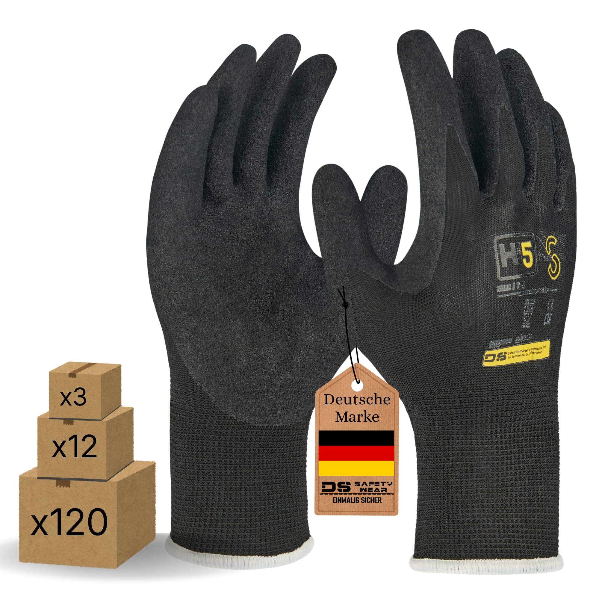 Hi5 X-Super S Arbeitshandschuhe 4121X – 13G Polyester – sandig-raue Nitrilbeschichtung – hoher Nass- & Öl-Grip – EN 388 – schwarz (L, 120, stück)