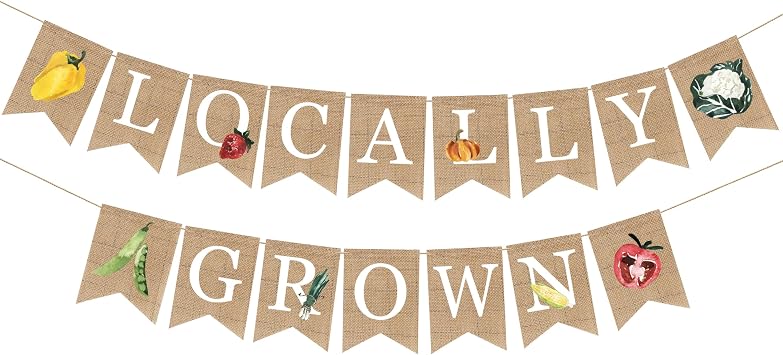Locally Grown Banner Burlap Bunting Garland for Kids Farmers Market Produce Stand Baby Shower Wedding or Gardener Theme Farm Party Photo Backdrop