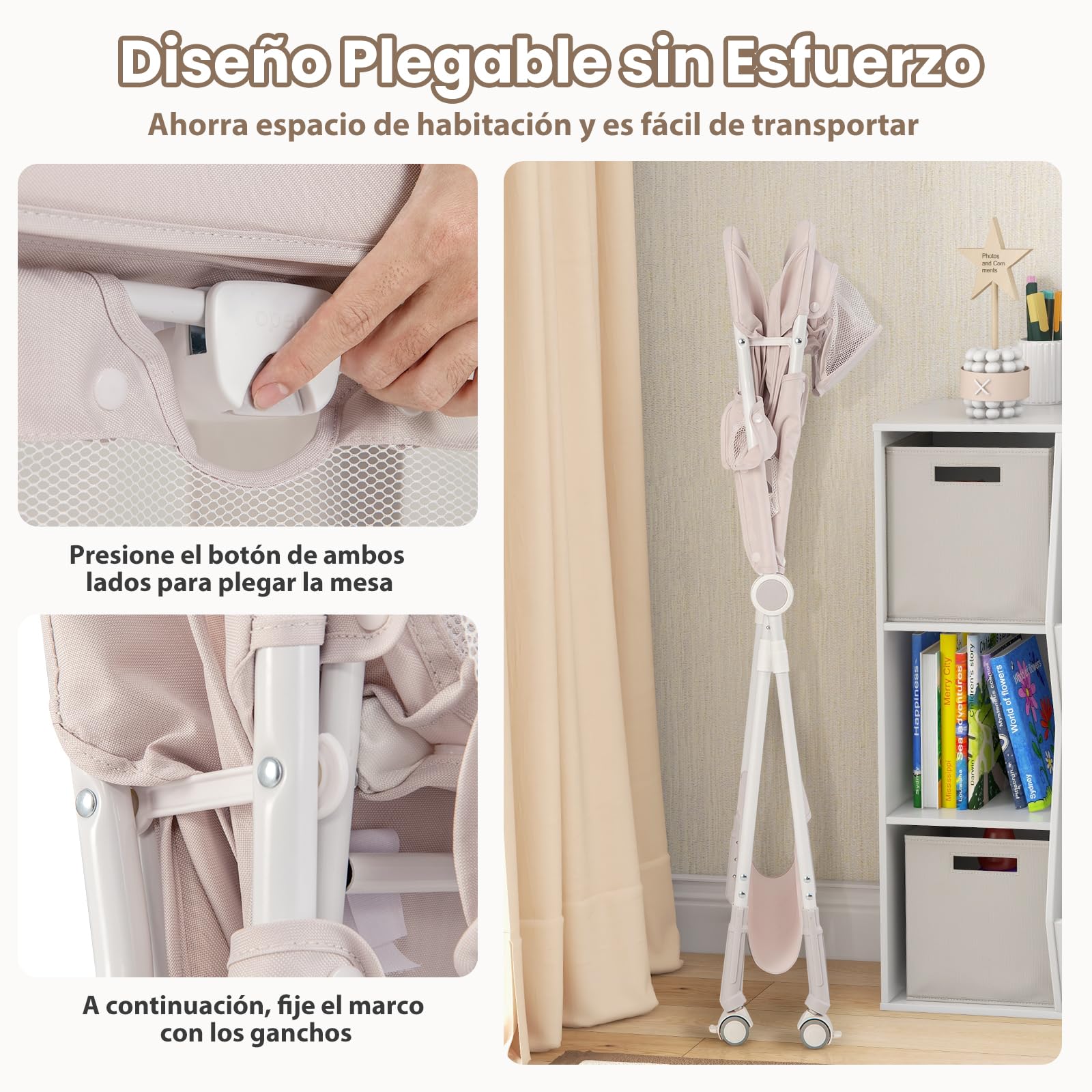 GOPLUS Cambiador de Pañales Plegable y Portátil, Cambiador Bebe con Altura Ajustable, 4 Ruedas Universales con Frenos para Bebés de 0-12 Meses, Carga hasta 11 kg (Beige)