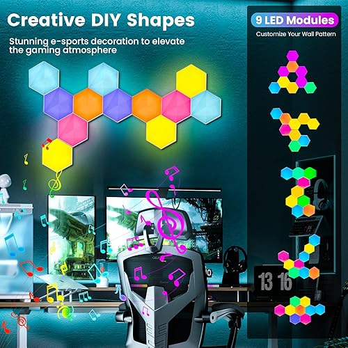 Miniatura 5 de Pak Luces hexagonales 9 paquetes de luces LED para bricolaje, RGB+IC, luces creativas para juegos de decoración de pared con control remoto, con