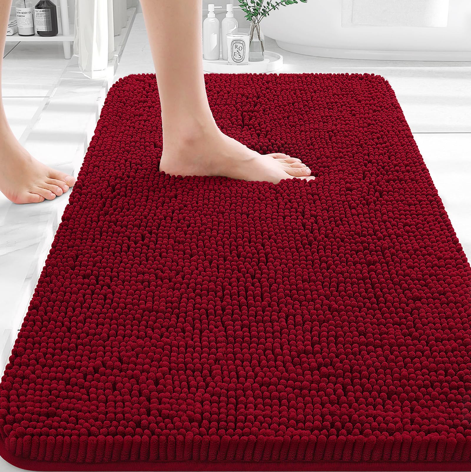 OLANLY Small Bathroom Rugs 30x18, Extra Soft Absorbent Chenille Bath Rugs | Red, Quick-Drying Rubber Backing, Machine Washable Bath Mat for Bathroom Floor, Tub and Shower, Home Decor Accessories