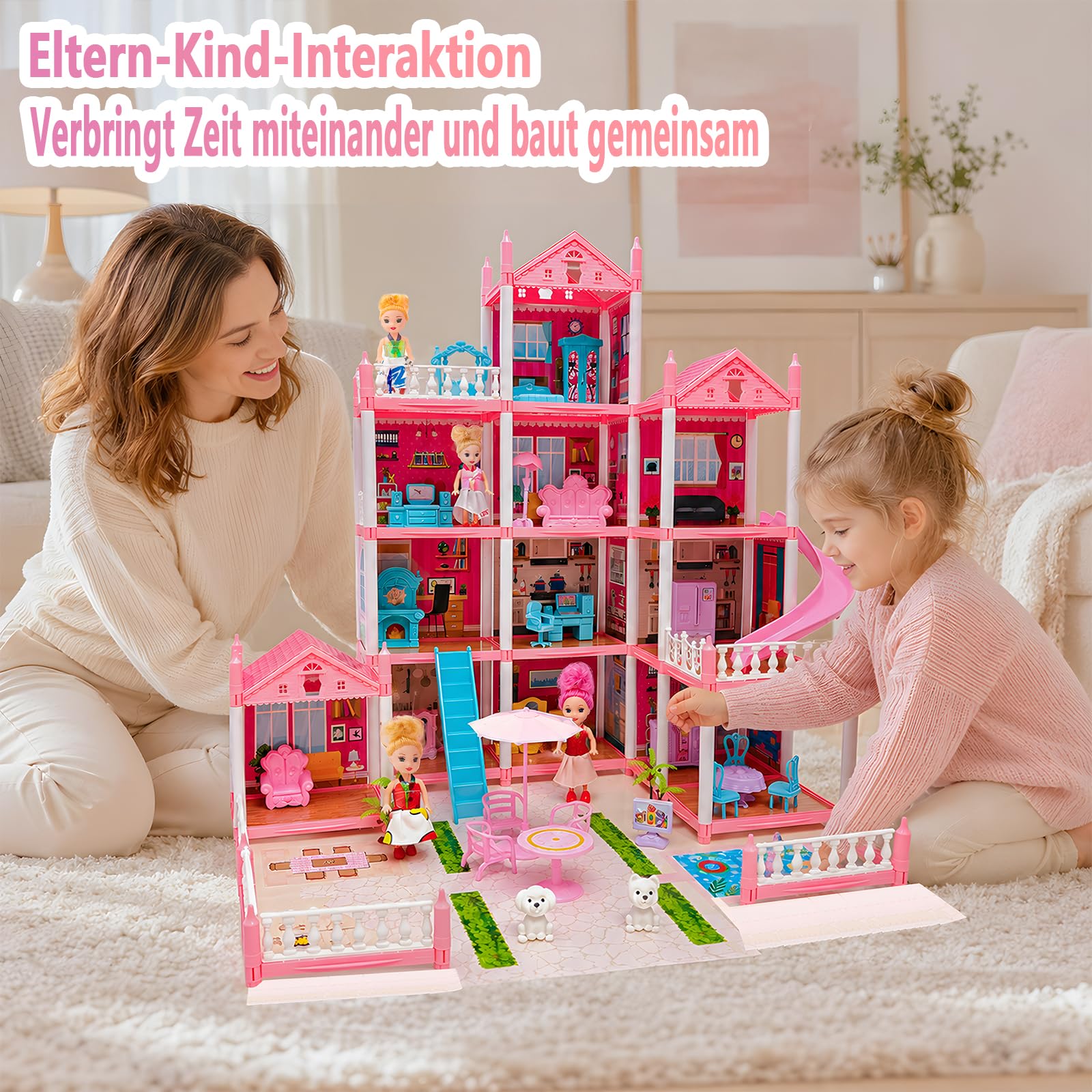 Großes Puppenhaus für Mädchen von 3–16 Jahren, 12 Zimmer, Puppenhaus mit Beleuchtung, Spielmatte, Puppen, Möbeln und umfangreichem Zubehör, Kinder