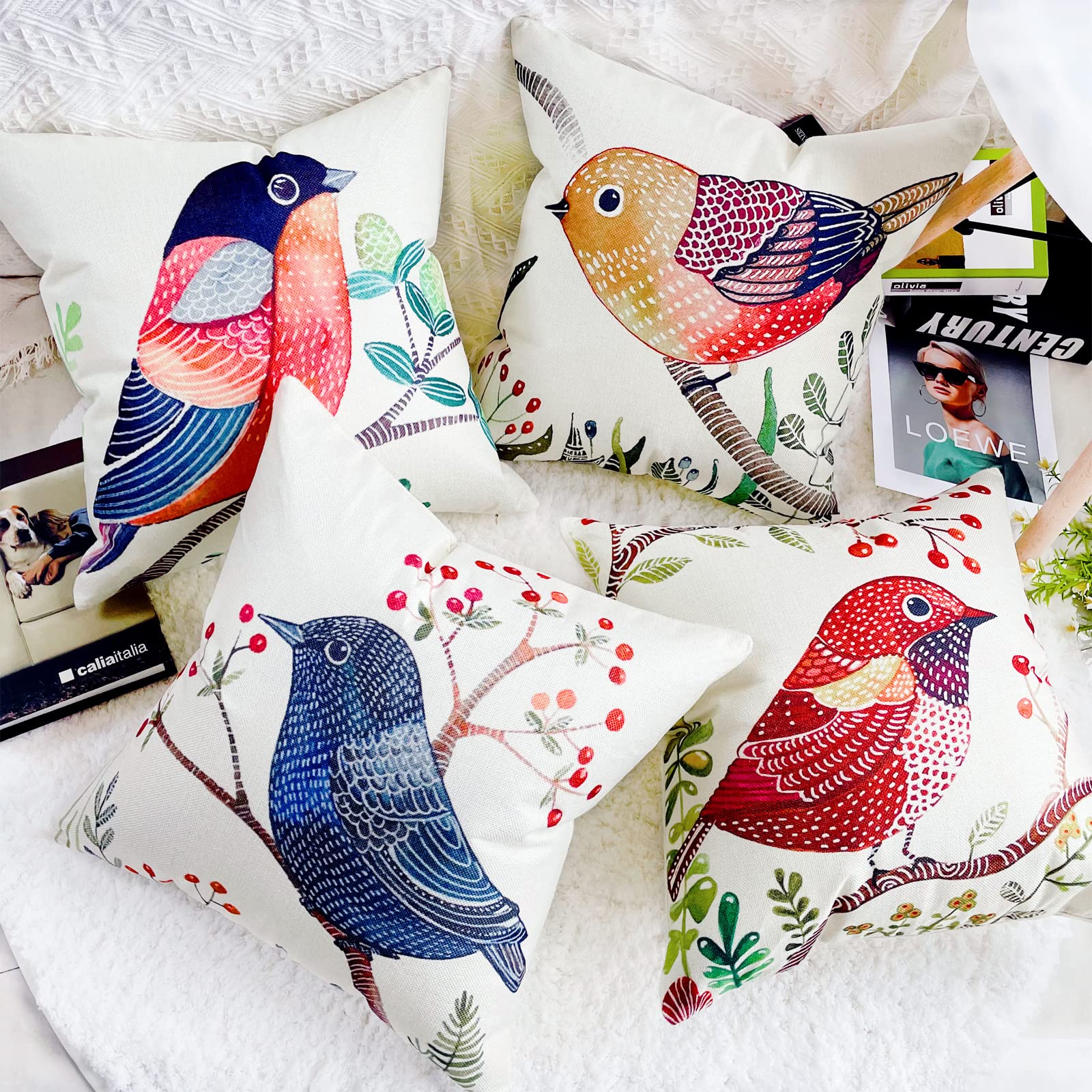 HUASHUZI Housse de Coussin Oiseaux Exterieur Impermeable Salon de Jardin Exterieur Coussin canape 45x45cm Coussins pour canapé Deco scandinave Decoration Lot de 4
