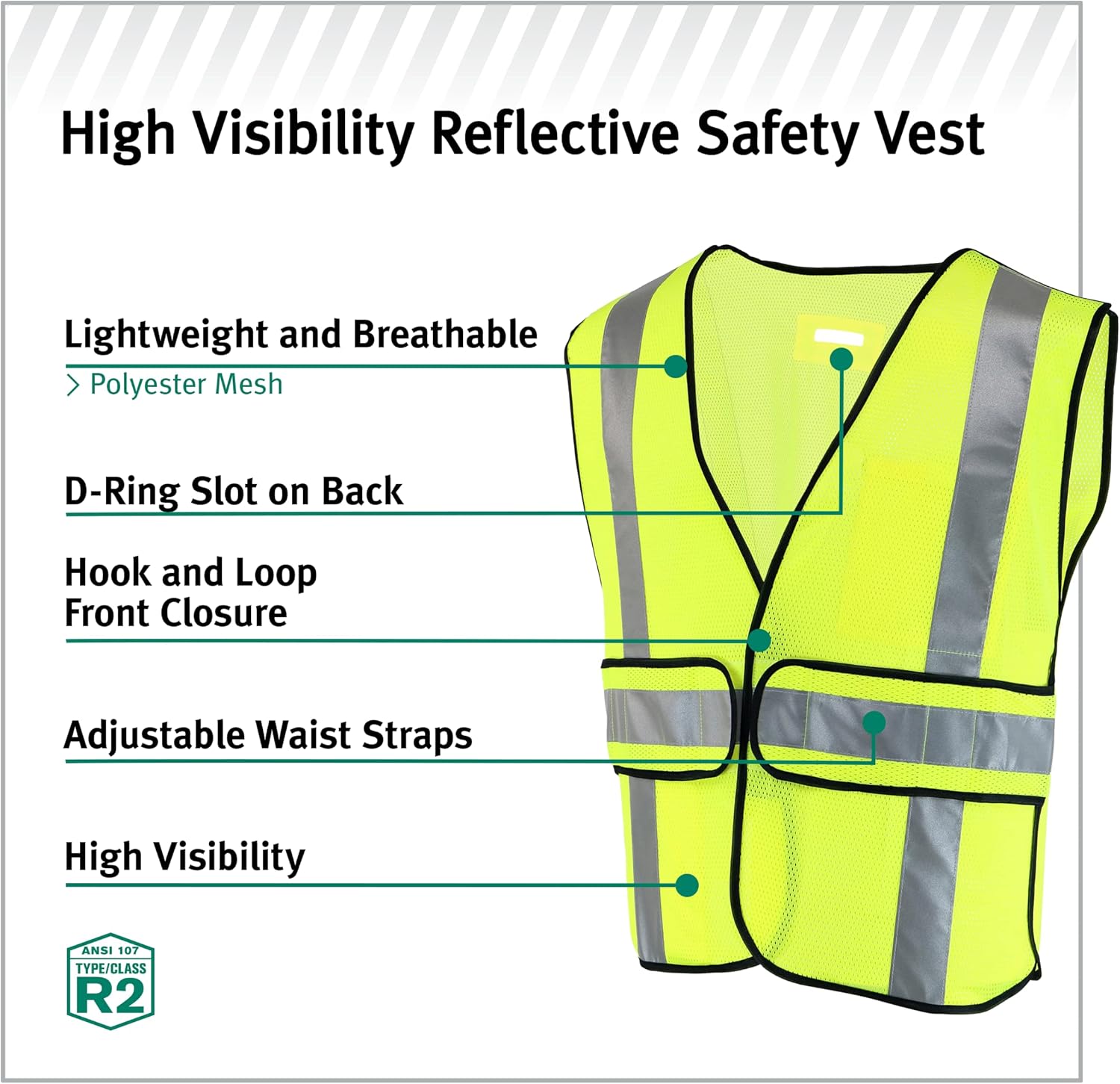 Safety Works High Visibility ANSI Class II Type R Breakaway Safety Vest, Five Point Breakaway, D-Ring Slot, One Size Fits Most, Yellow, (SW46202-O) - Image 5
