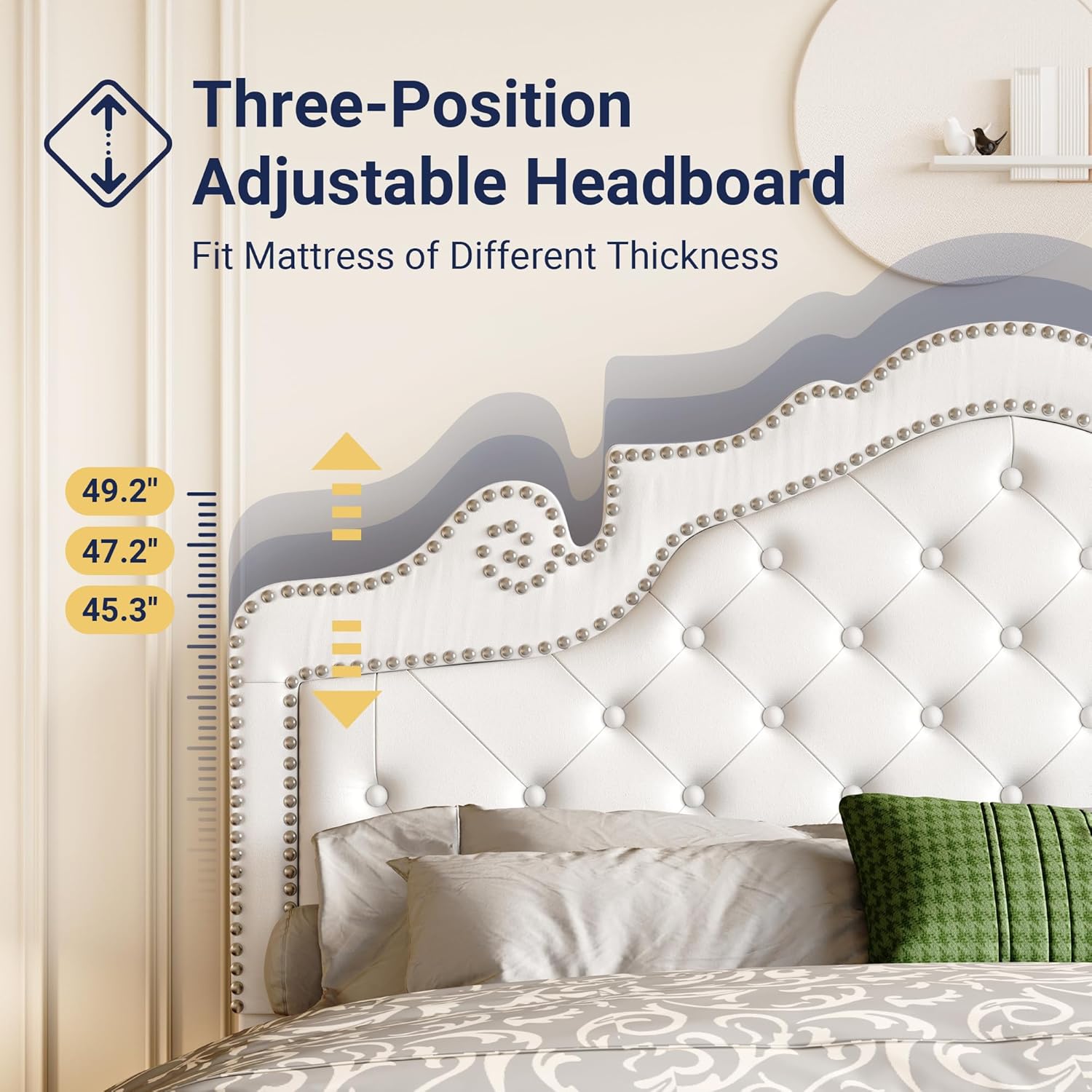 Allewie Queen Bed Frame with Adjustable Velvet Tiara Headboard, Upholstered Diamond Button Tufted Platform Bed, Wood Slats Support, No Box Spring Needed, Mattress Foundation, Easy Assembly, White - Image 3
