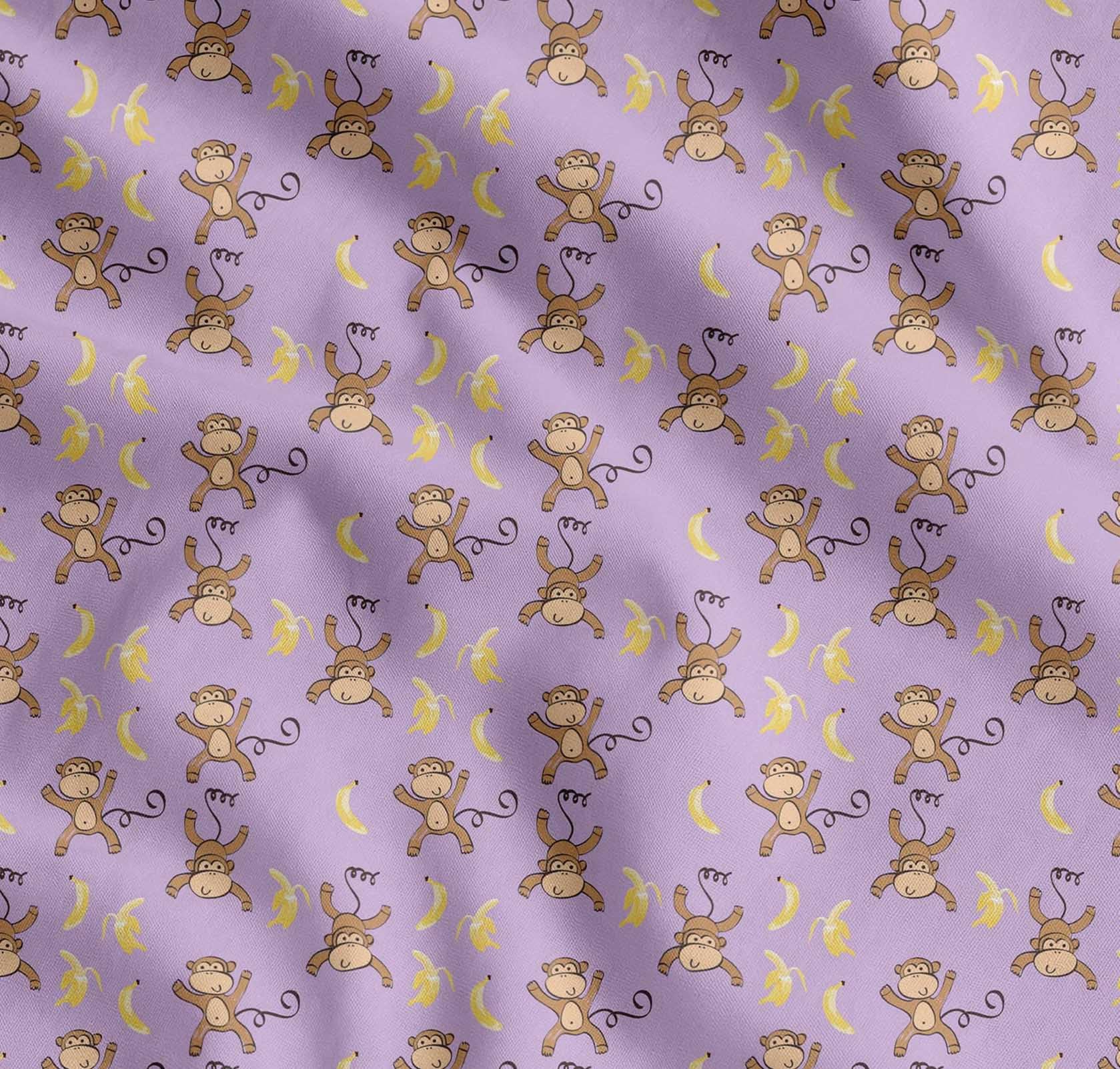 Soimoi Cotton Cambric Purple Fabric - by The Yard - 56 Inch Wide - Banana & Monkey Cartoon Kids Textile - Playful and Tropical Monkey Patterns for
