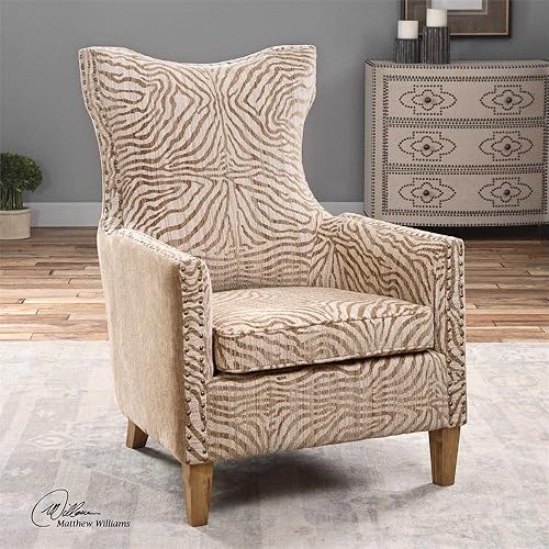 Miniatura 2 de MY SWANKY HOME Silla de brazo de cebra con estampado de selva beige | Patrón animal contemporáneo