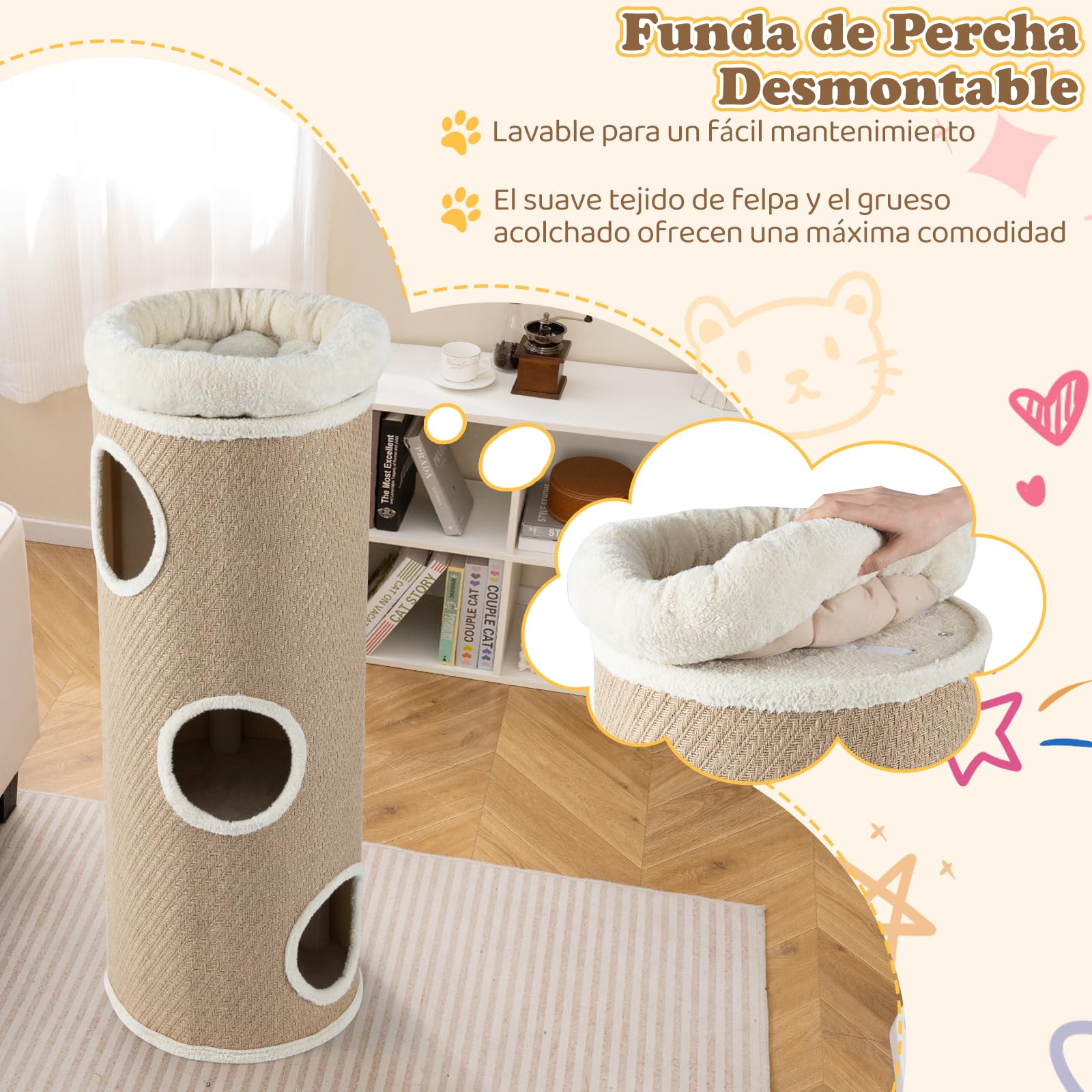 COSTWAY Barril Rascador de 4 Niveles, Poste rascador para Gatos para Múltiples Gatos con Cama de Percha Removible, Tablero Rascador de Sisal, Estera de Bambú para Gato de Interior (De Yute)