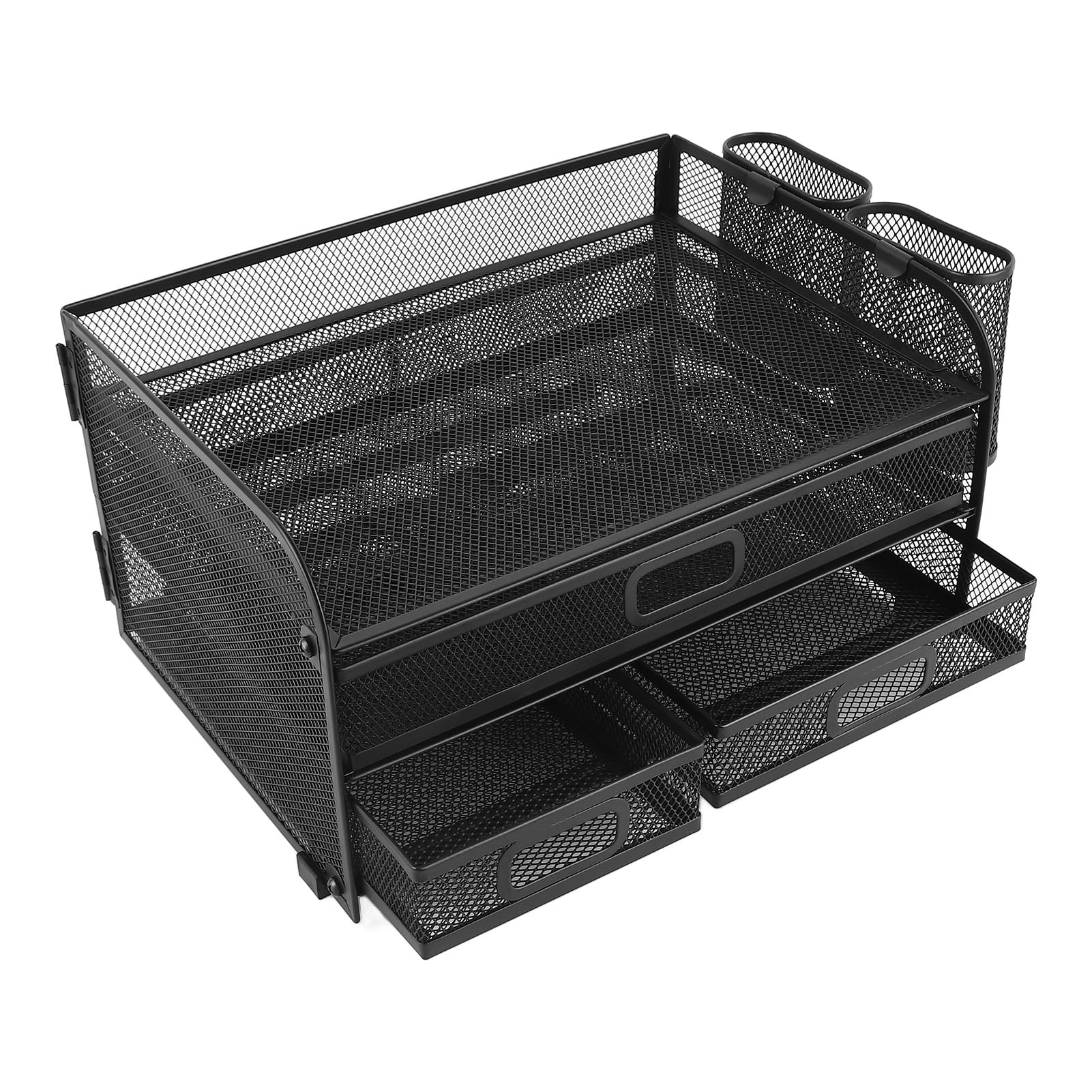Organizador de Escritorio Multifuncional de Malla Metálica, Organizador de Archivos de Cartas de Papel de Alambre Plegable de 3 Niveles con Cajones Deslizantes, Portalápices Negro para