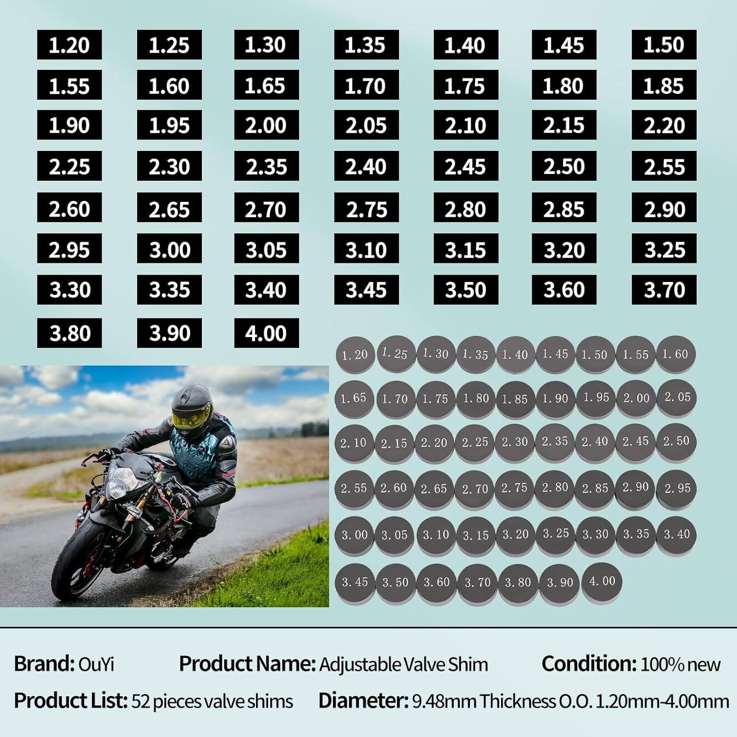 9.48mm Adjustable Motorcycle Valve Shim Kit Fit for Yamaha WR250F 2015-2020 WR450F YZ450F 2003-2020 YFZ450 2004-2013 YZ250F 2014-2021 for Honda CRF250R 2018-2021 CRF450R 2002-20 CRF450X 2005-21 52pcs