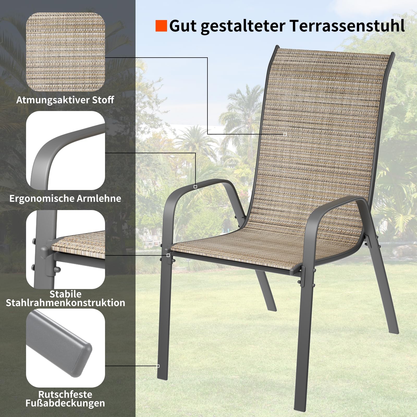 LIFERUN Gartenstühle Stapelstuhl Camping Stapelbar Hochlehner Terrassenstuhl Textilene