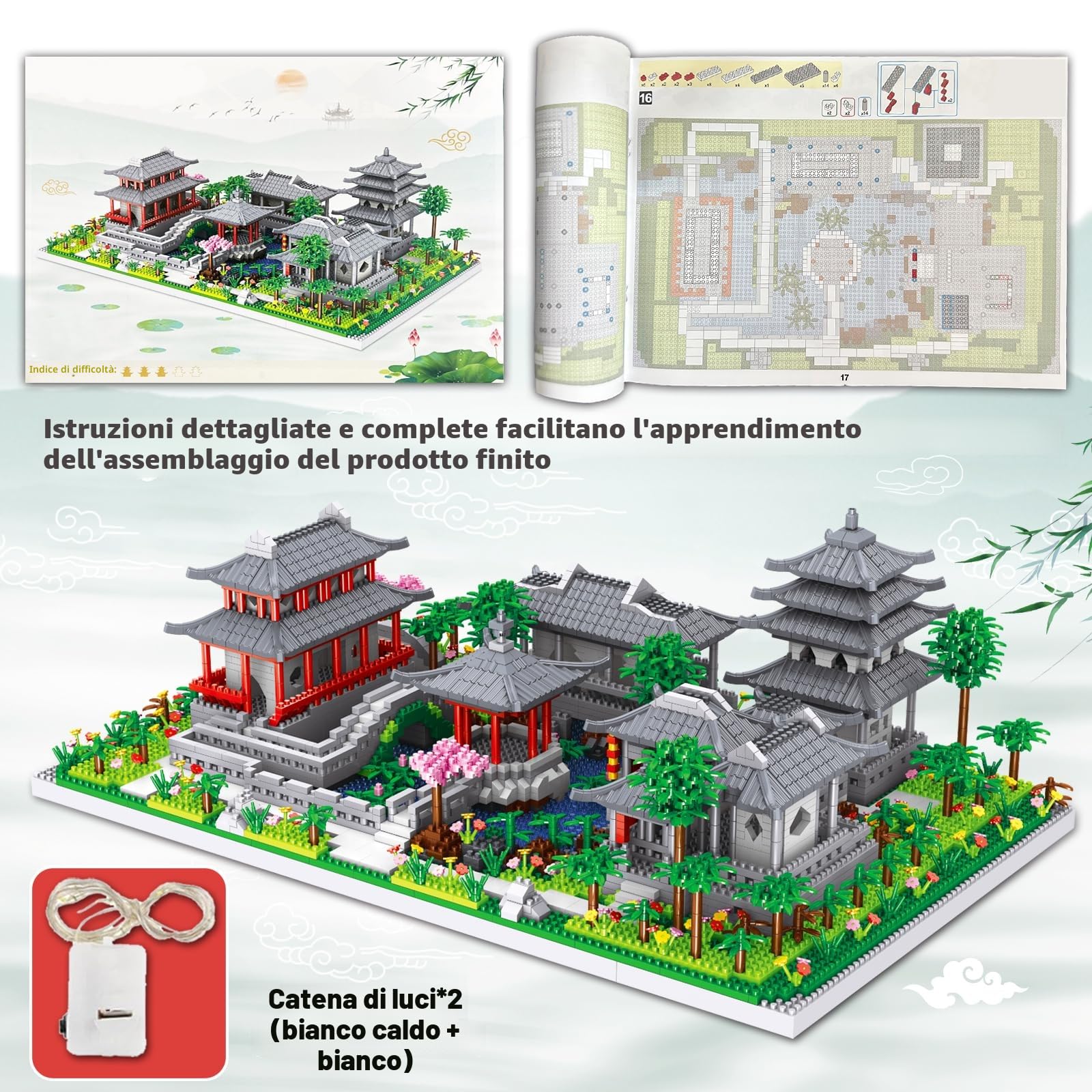 HILKKET Mini Architettura Cinese di Suzhou Garden, 3930 PCS Suzhou Garden Micro Mattoncini da Costruzione con Luci, Classico Cinese Suzhou Costruzioni per Casa Bonsai
