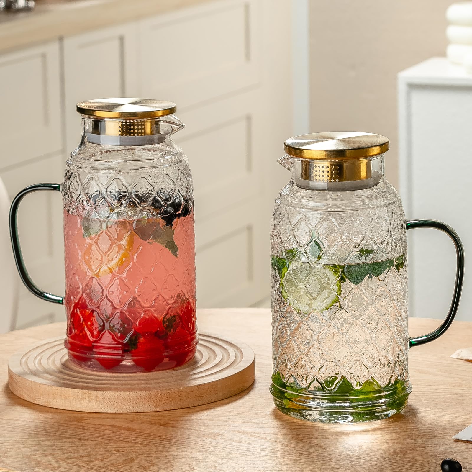 Buaic Jarra de vidrio con tapa, paquete de 2 jarras de agua vintage de 84 onzas/2.5 litros, jarra de agua de vidrio de borosilicato transparente para preparación fría, café, limonada, té helado