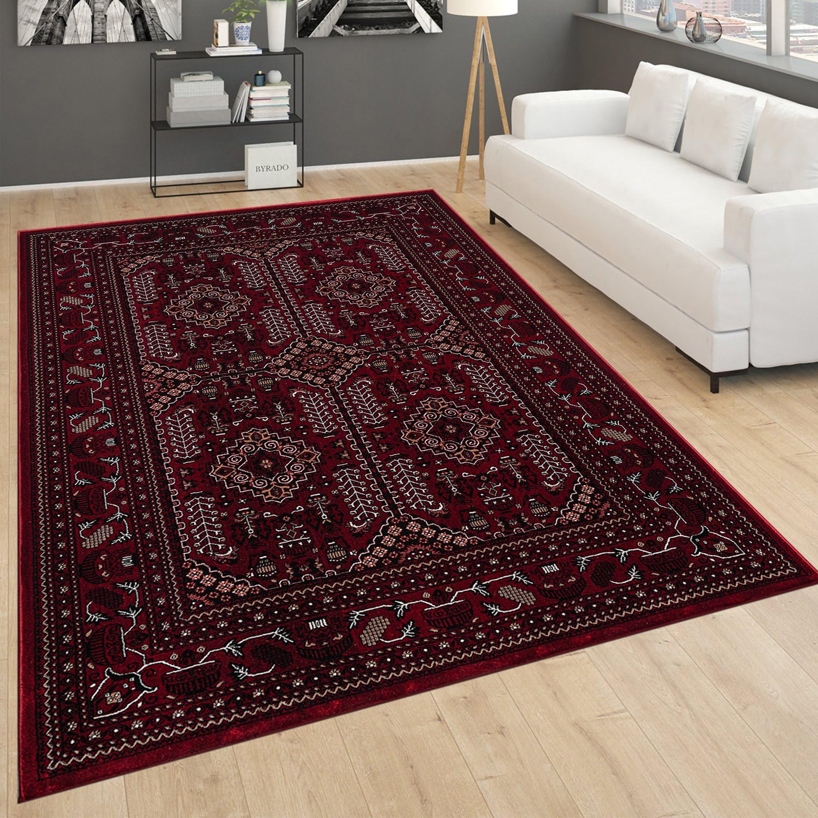 renoazul® Soft Pile Large Living Room Rugs With Jute Back - Zinat 200 x 290 cm Red - Washable Vintage Rugs For Bedroom, Fireside and Lounge