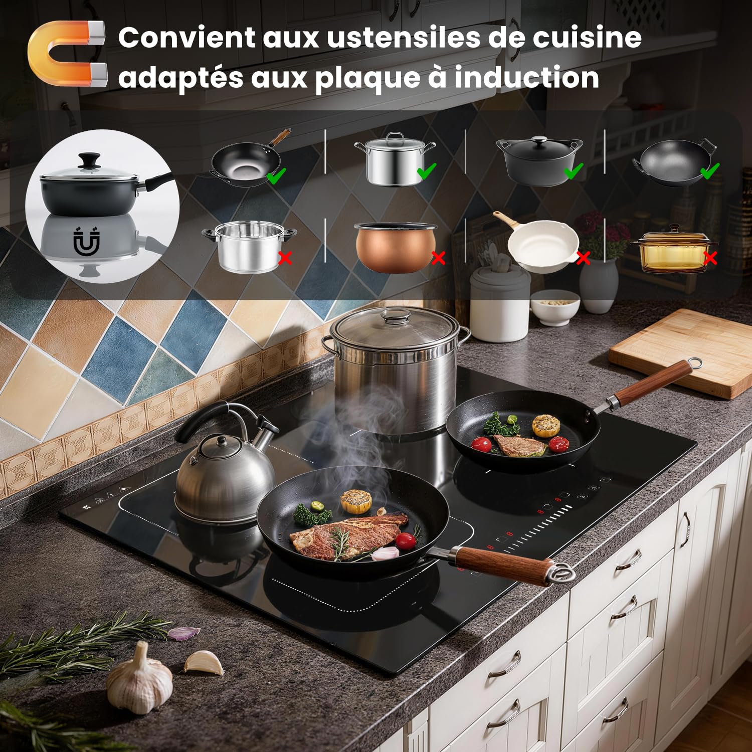 Karinear Plaque Induction 4 Feux avec Flexi Zone, Plaque de cuisson Induction encastrable 60cm, 7200W, Commande à curseur, fonction Boost, minuterie, sécurité enfants, 220V