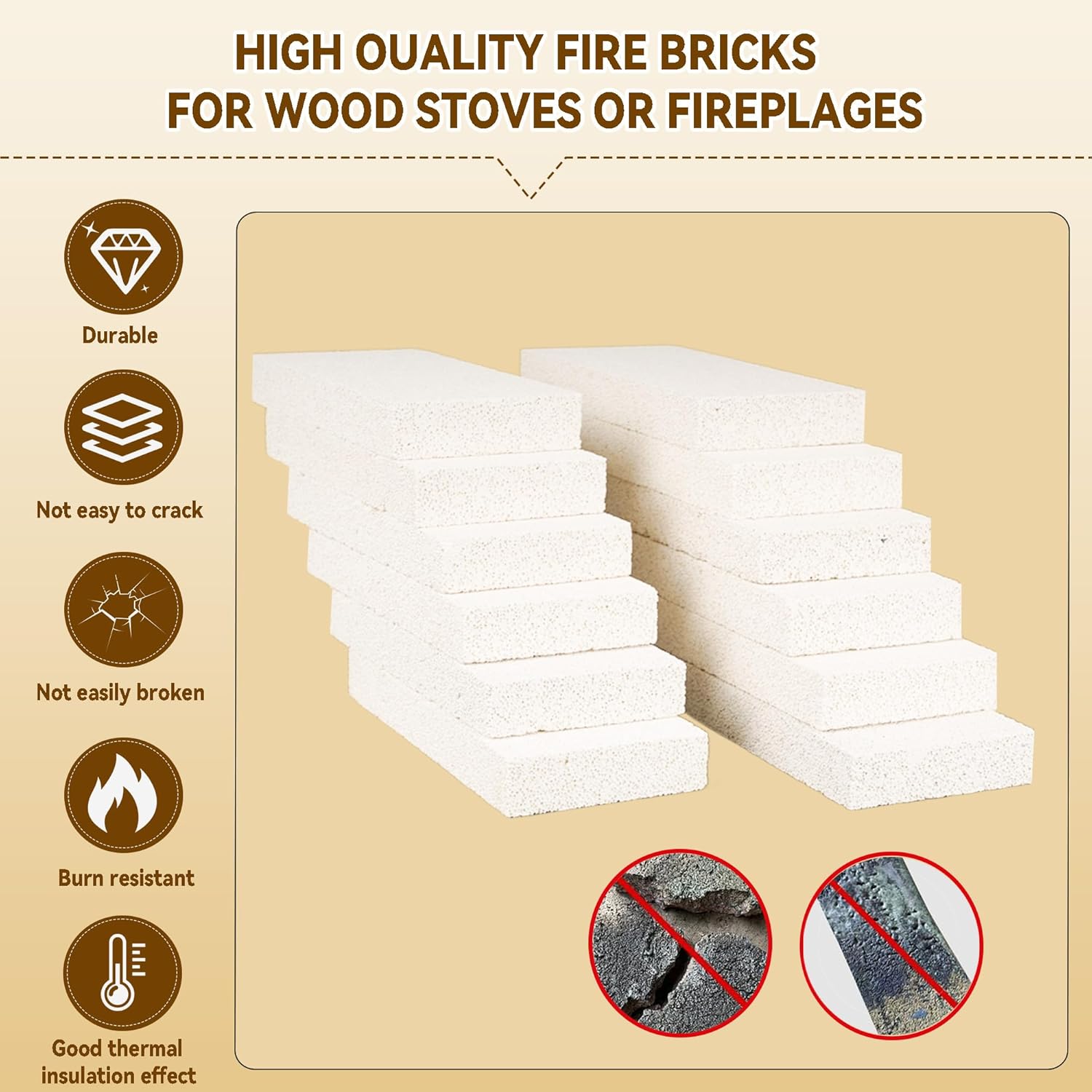12 Pieces Insulating Fire Brick for Ovens, Kilns, Blacksmith, Fireplaces, Forges 9" x 4.5" x 1.25" 2300F Rated Insulating Fire Bricks
