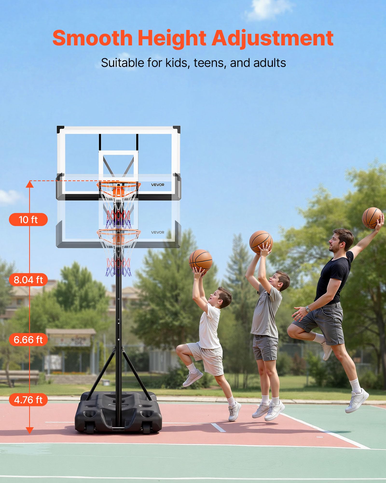 VEVOR Supporto da Basket Portatile Massimo 3,05 m Pallacanestro da Esterno con Piedistallo Regolabile in Altezza Design di Sollevamento, con Ruote e Tabellone PC da 1371,6 mm, per Cortili, Scuole