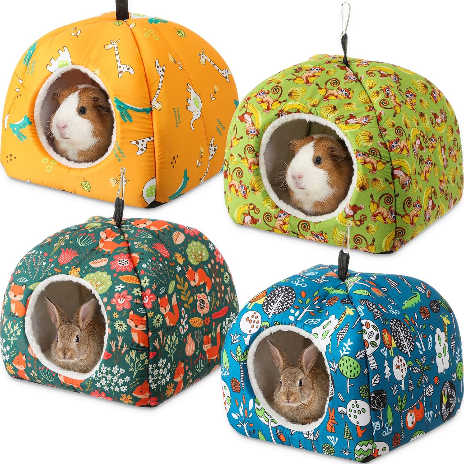 Novabright 4 Pack Guinea Pig Hideout Bed Dwarf Rabbit Bed Sleeping Fleece House Washable Cave Cage Accessories for Little Bunny Ferret Chinchilla Hedgehog(7.5x7.5x6 Inches,Animal Style)
