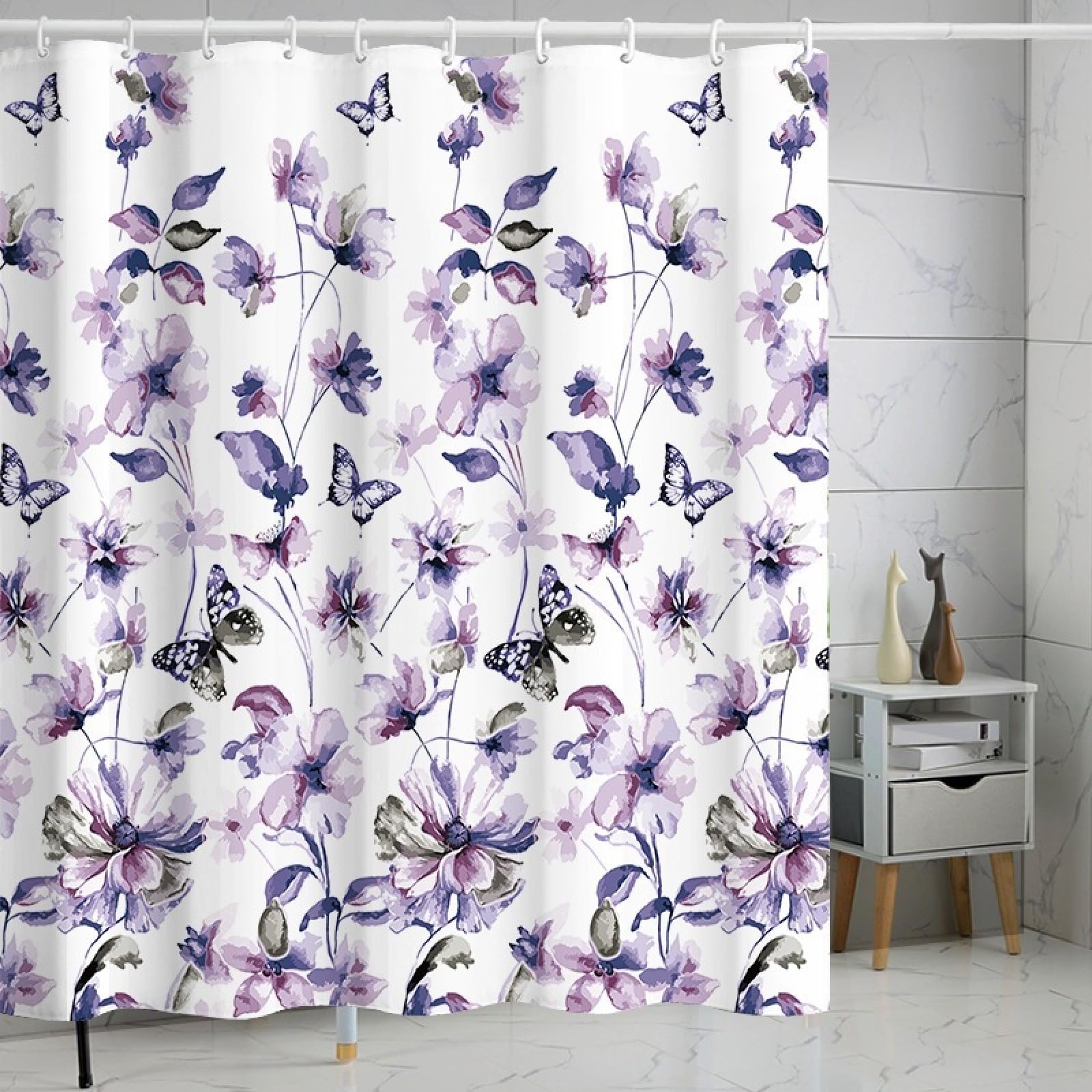Shower Curtains Purple Butterfly Leaves Wet Room Shower Curtain Mould Proof Resistant Waterproof Polyster Fabric Washable with 12 Hooks Garden Bathroom Curtains (180x180cm)