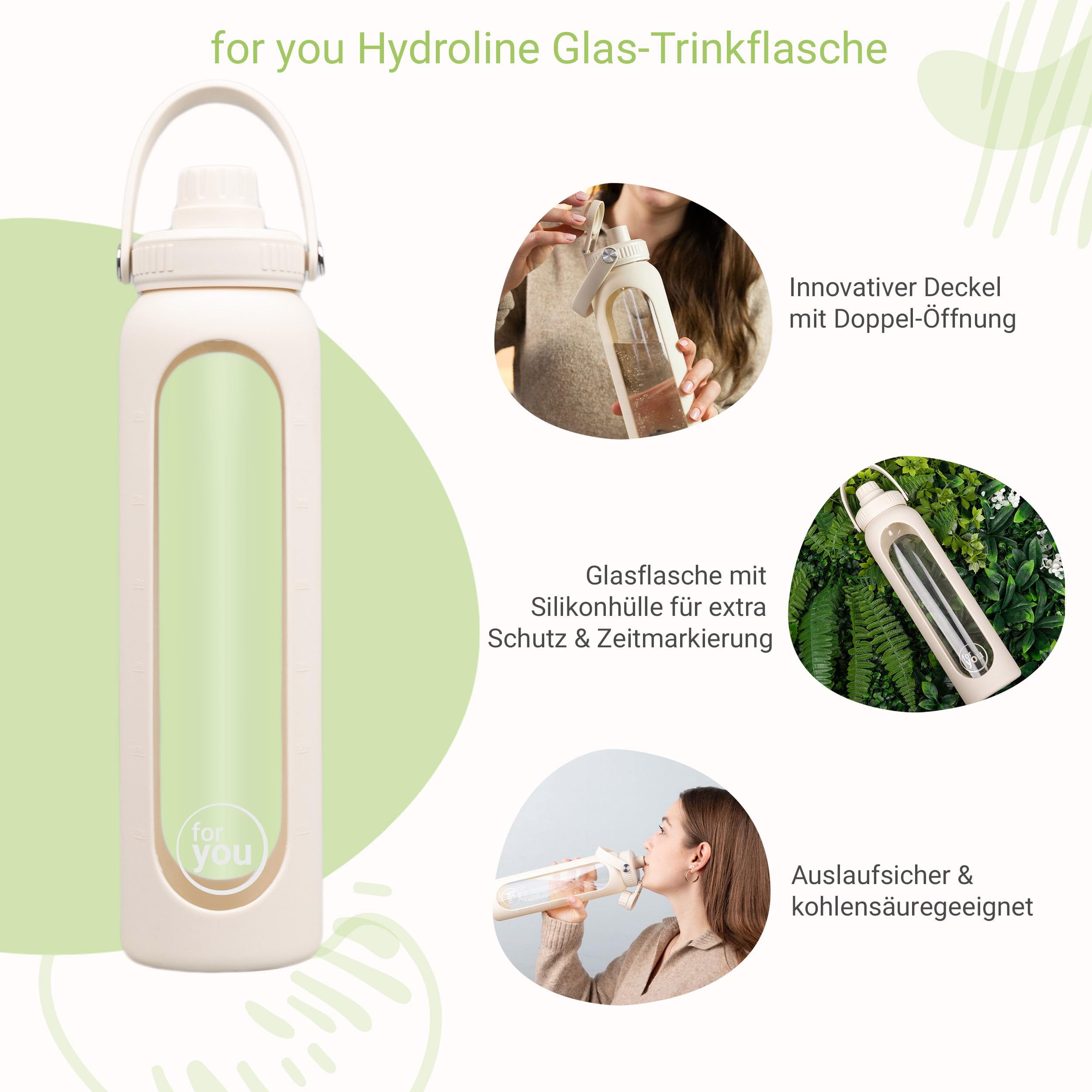 for you Hydroline Glas-Trinkflasche light beige Dreierpack 1000 ml - Deckel mit Doppel-Öffnung - aus Glas mit Silikonhülle & Zeitmarkierung - Spülmaschinenfest & BPA-frei - geeignet von -20°C – 150°C