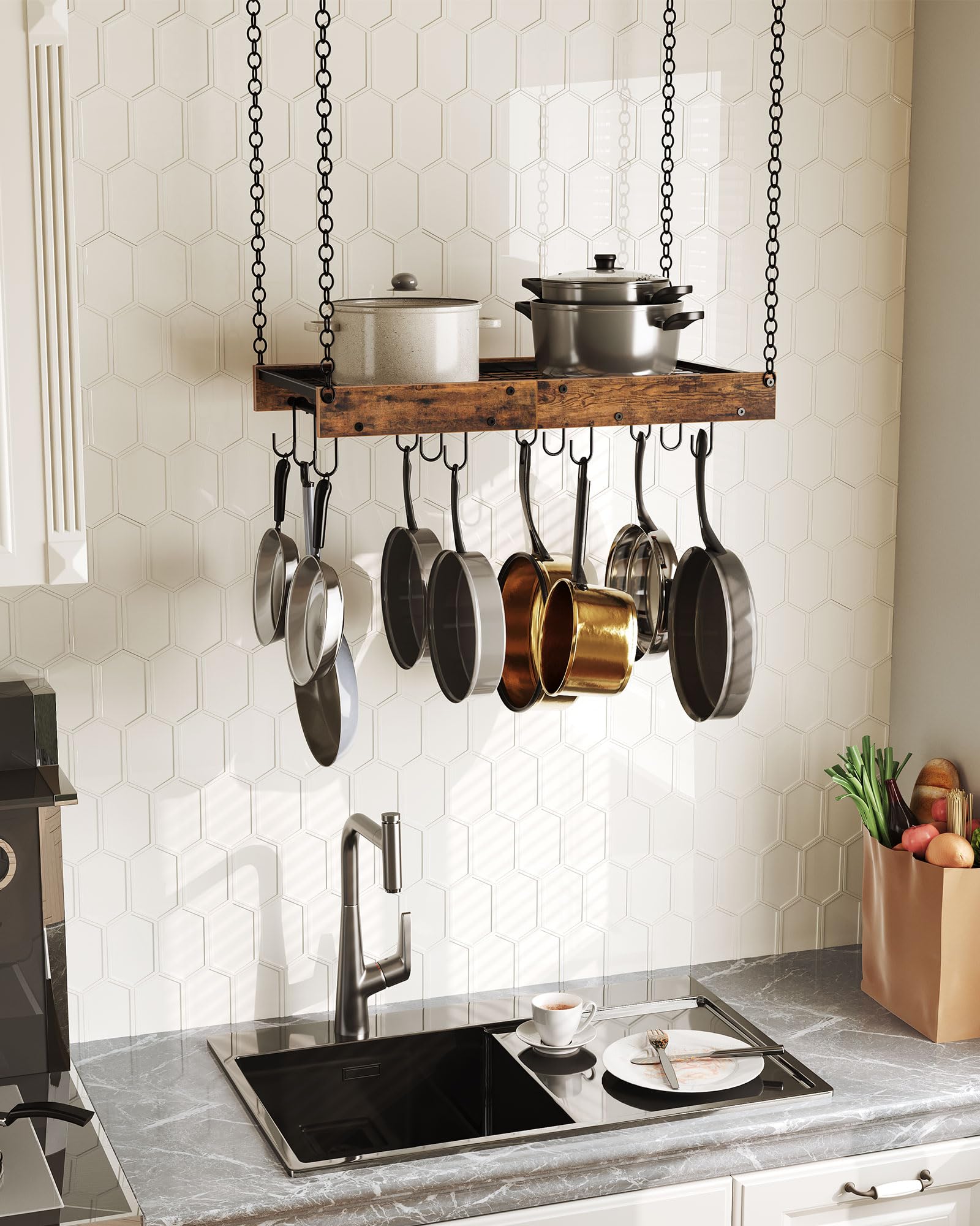 CHOEZON Küchenregal hängend, 61 cm, Küchenregal hängend, Topfregal, Aufbewahrungsregal, rustikale Note, Deckenregal mit 12 Haken, für Kochgeschirr, platzsparend, rustikalbraun-schwarz DTPR01BF