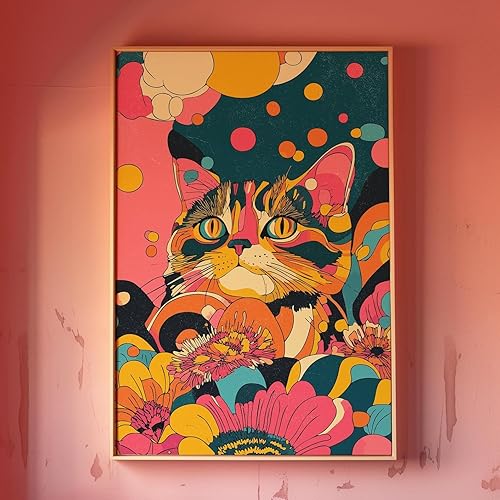Cat Poster Retro 70s Colorful Wall Art Vibrant Aesthetic Art Cute Apartment Decor Cat Lover Gift Abstract Cat Print Retro 70s Decor
