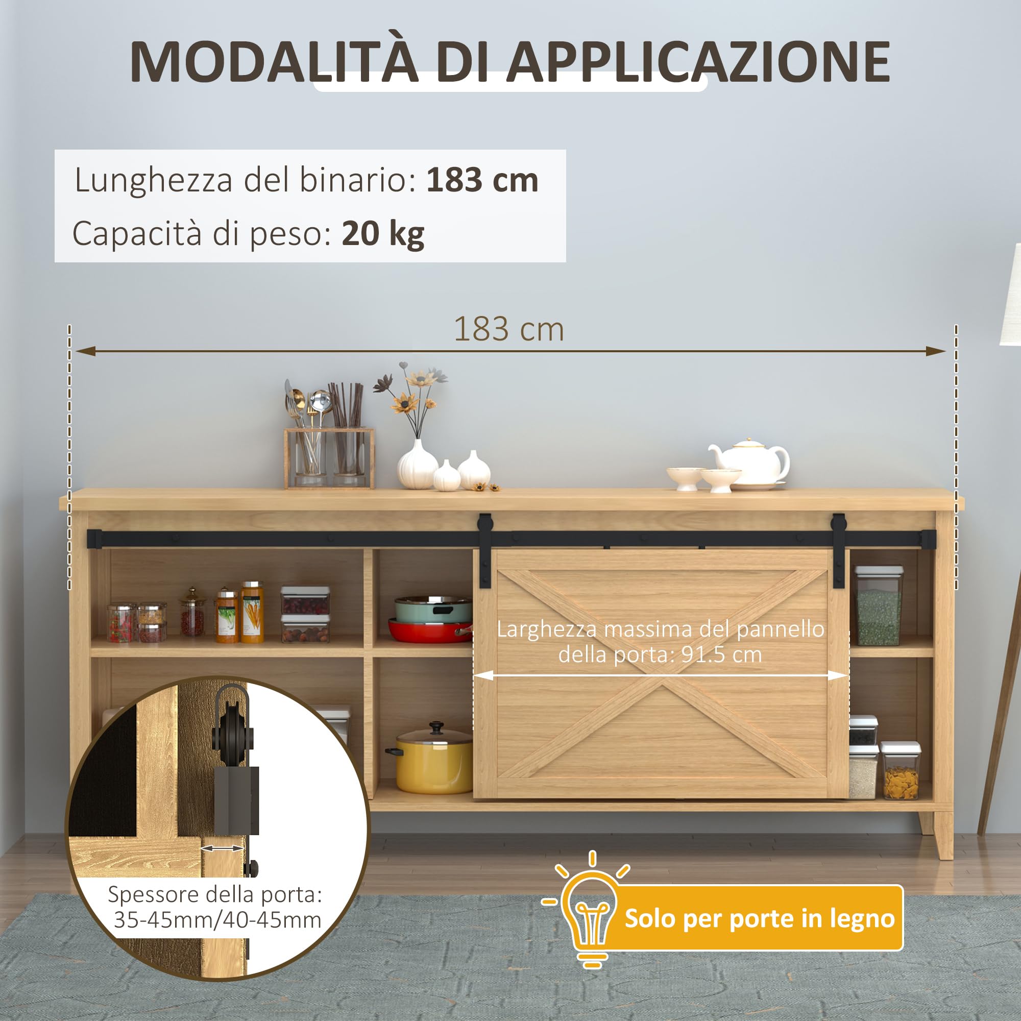 HOMCOM 200CM/6.6FT Kit per Porta Scorrevole Portata 20kg, Binario per Porta Scorrevole e Ante da 200cm con Rotelle Stile Rustico, Nero