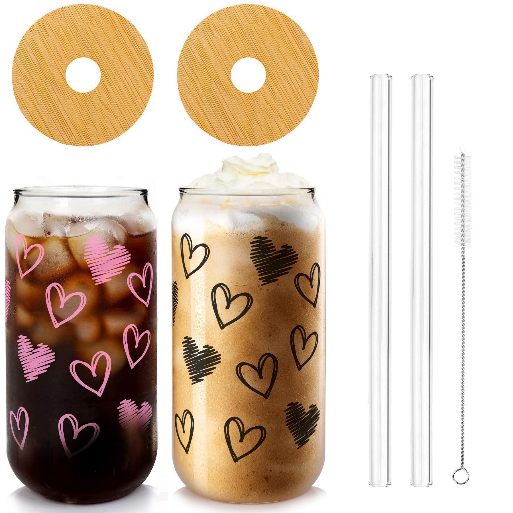 Iced Coffee Cups, Valentines Cups Gifts for Her Women 18 OZ Hearts Cup Beer Glass, Love Can Couple Drinking Glasses, Glass Cups with Bamboo Lids and Straws, Valentines Day Gifts - 2 Sets