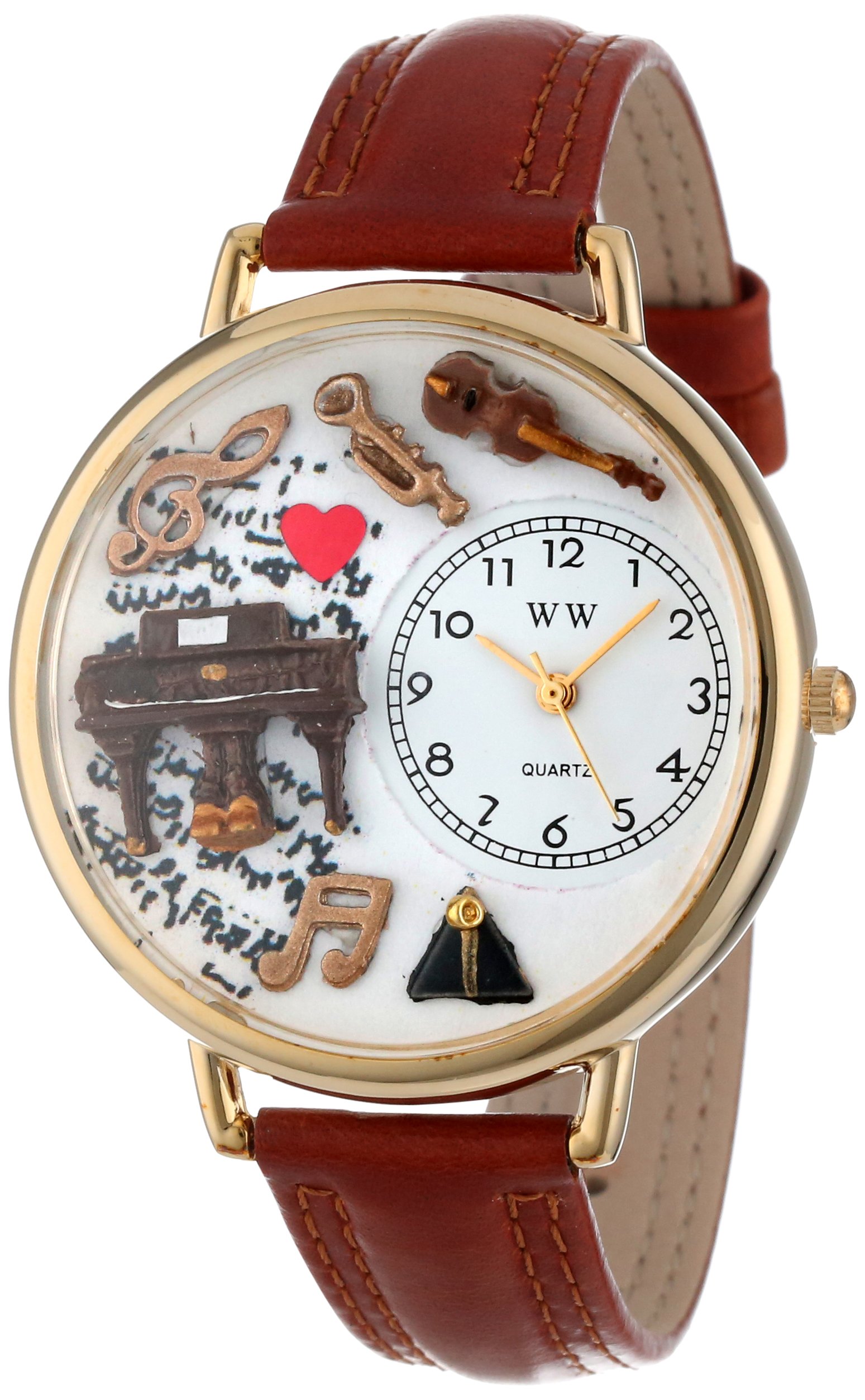 Whimsical Gifts Piano 3D Watch | Gold Finish Large | Unique Fun Novelty | Handmade in USA | Black Leather Watch Band