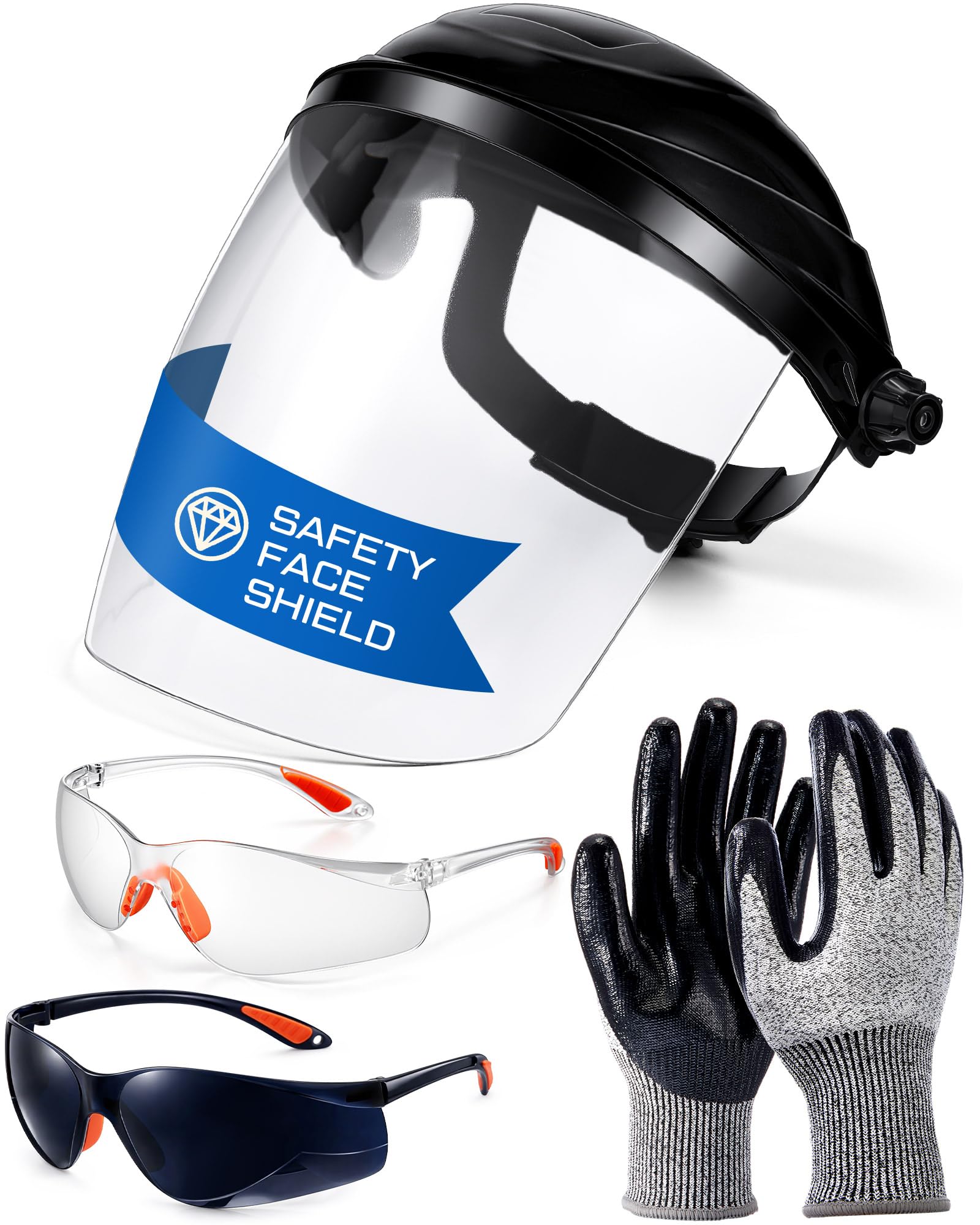 Tellegloww 1 juego de protector facial de seguridad para moler y cortar, guante recubierto de nitrilo con agarre, 2 gafas de seguridad (transparente y gris), protección completa gruesa para