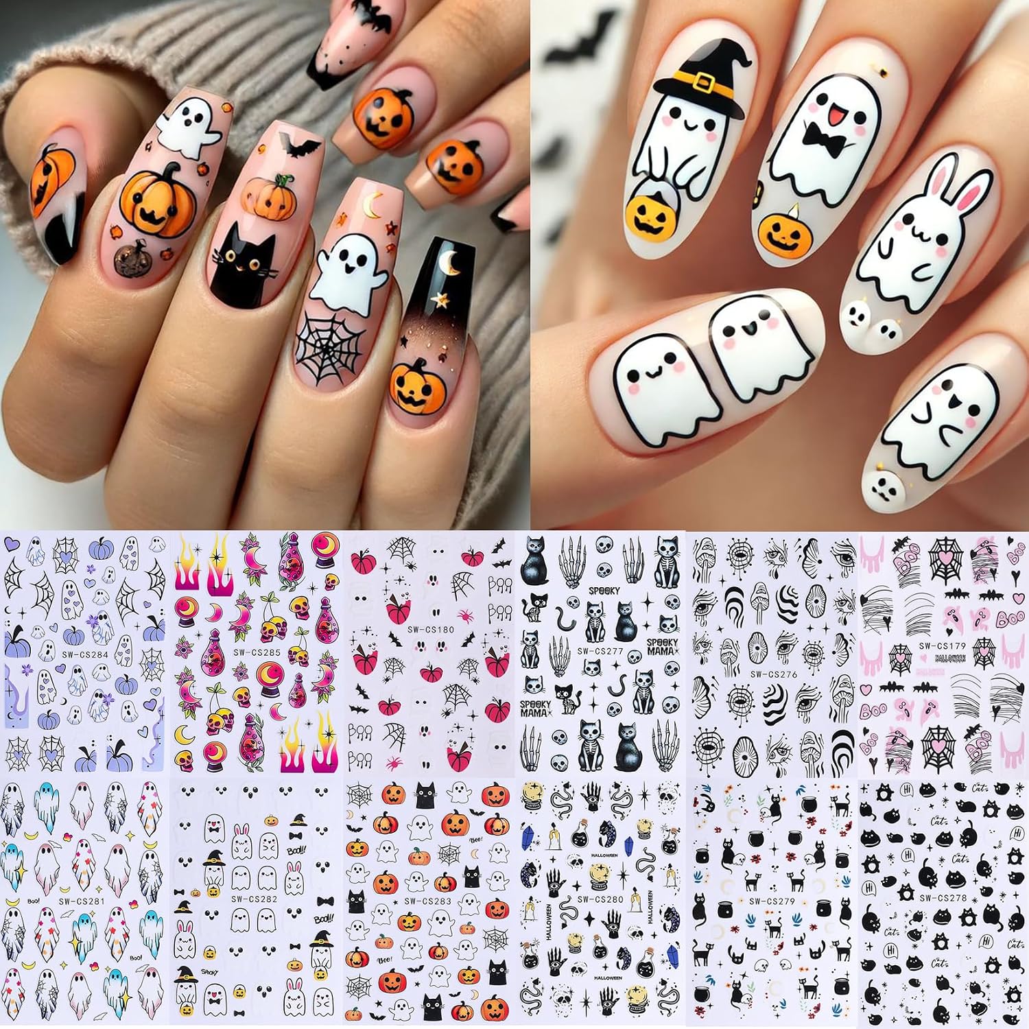 Ghost Nail Stickers for Halloween 12 PCS Cute Cartoon Spooky Nail Art Decals 3D Black Cat Skeleton Pumpkin Designs Gothic Sliders for Women DIY Self Adhesive Supplies Nail Art Decorations image 2