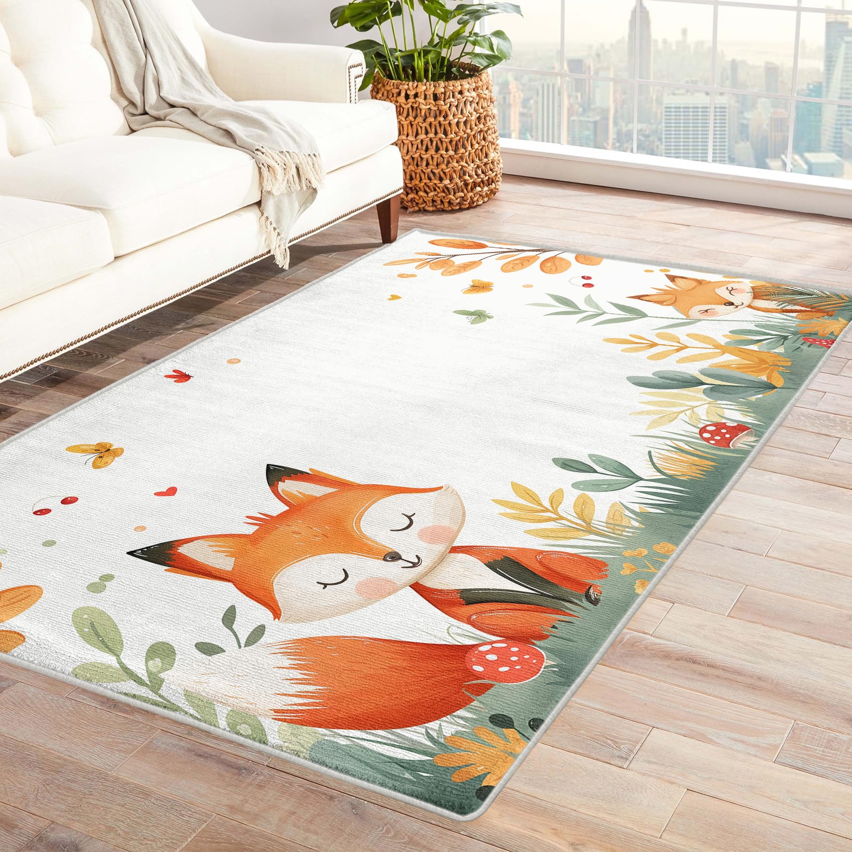 GEDAEUBA Fox Rug & Home Decor - Washable Rug 5x7 - Kids Woodland Animal Rugs for Living Room Bedroom - Non Slip Soft Indoor Large Area Rug - Cute