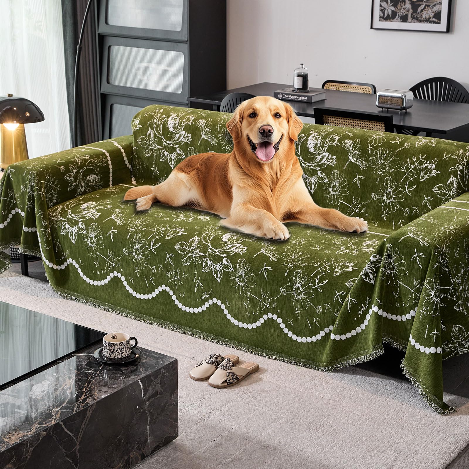 Akpgq Boho Anti-Slip Couch Cover Soft Pet-Friendly Sofa Cover for Dog Chenille Couch Cover Multi-use Furniture Protector Cover Washable (SMHY-Green,