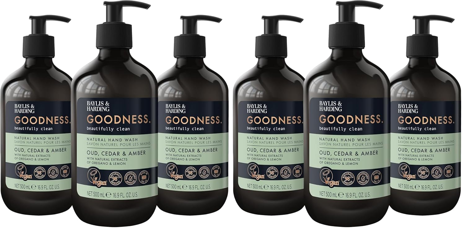 Baylis & Harding Liquid Hand Soap Wash with Dispenser, Goodness, Oud Cedar & Amber, 16.9oz/500ml (6-Pack)