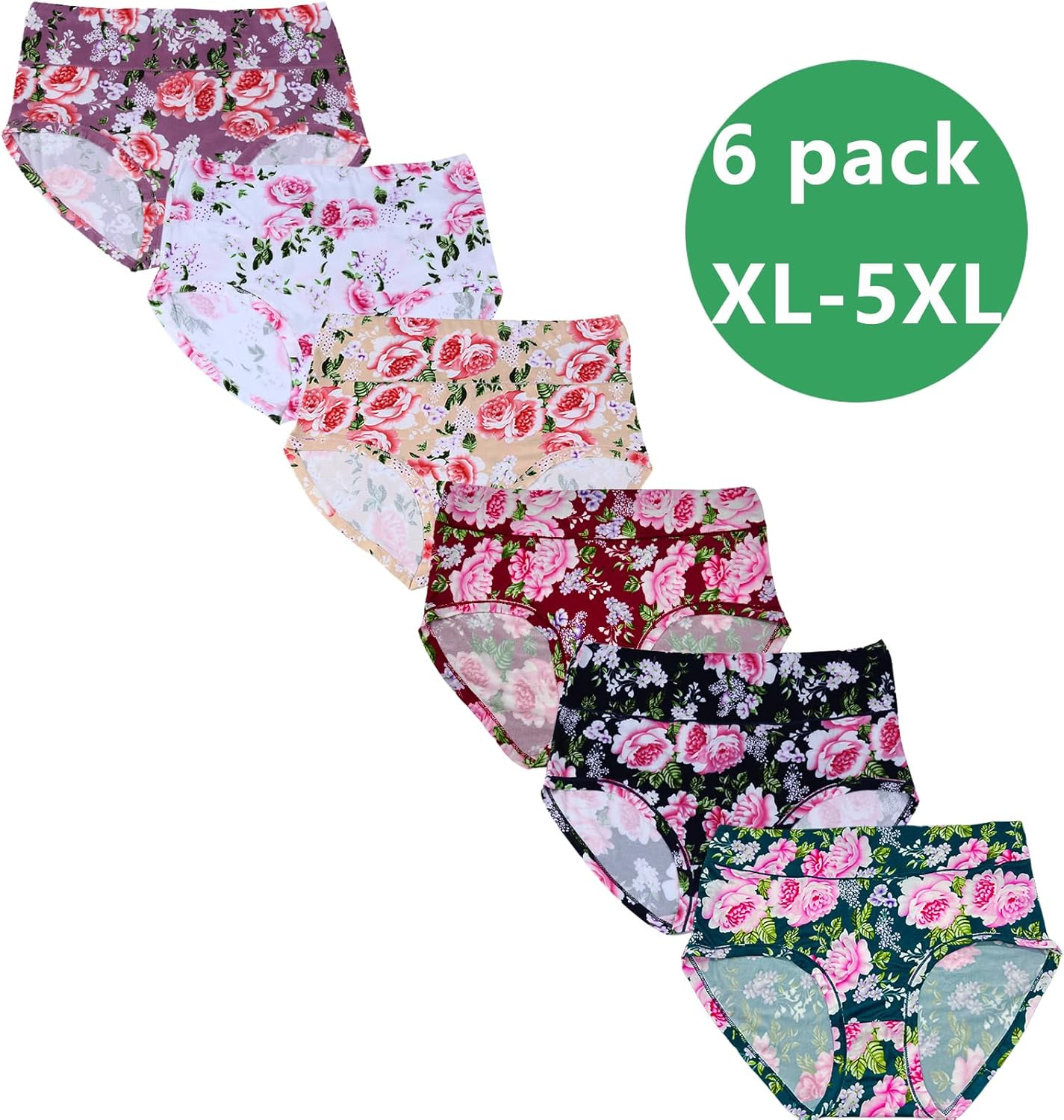Women's Underwear Plus Size XL-6XL Panties Briefs High Waist Rose Floral Print 6 Pack Undies - Image 3