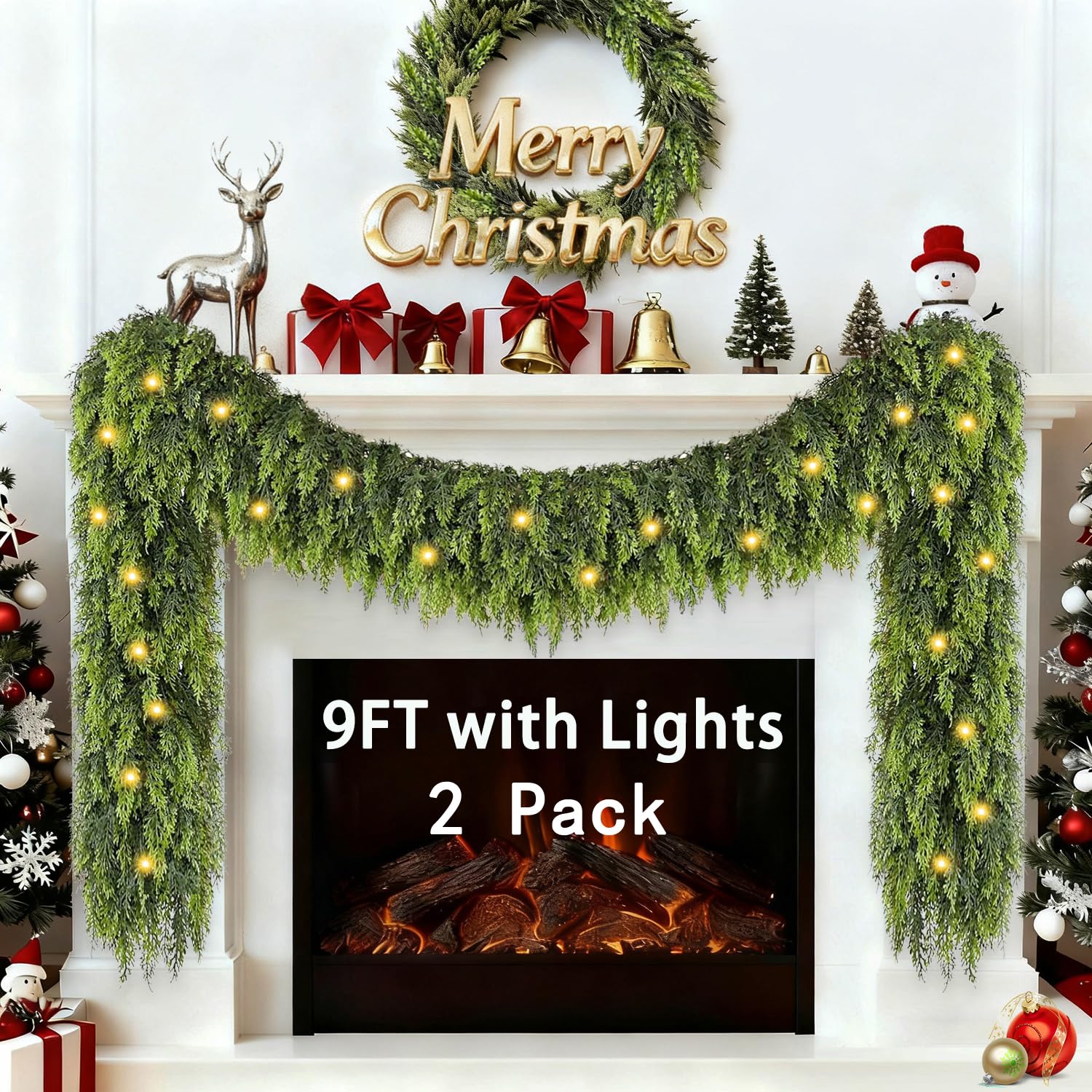 【2 Pack】9FT Cedar Garland with Lights, Christmas Garland Artificial Realistic