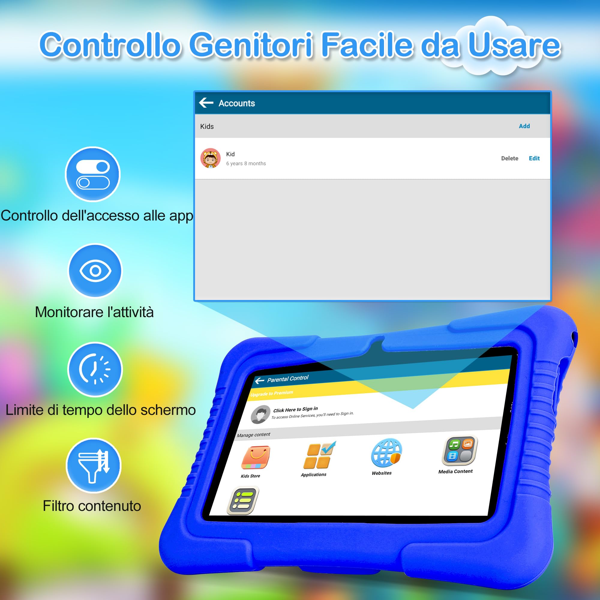 Veidoo Tablet per Bambini, 7 Pollici, Android Tablet PC 2GB RAM / 32GB ROM, Schermo Tattile HD IPS 1024 * 600, Controllo Parentale, WiFi, Type-C, Doppia Fotocamera Tablet Educativo (Blu Scuro)