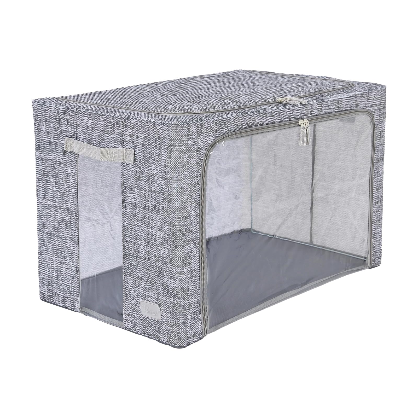 Periea ‘Beau’ Folding Collapsible Stackable Fabric Home Storage Boxes with Steel Frames (Grey Tweed, Jumbo)