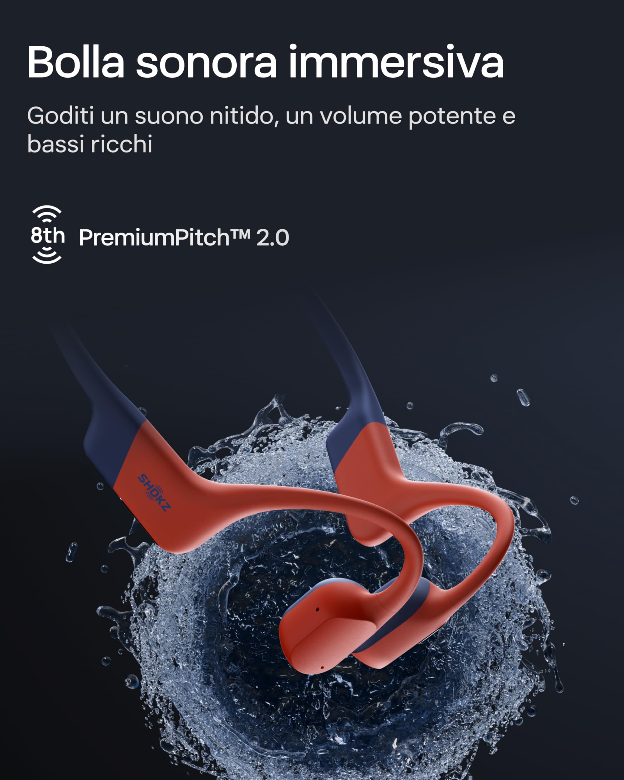 SHOKZ Cuffie sport a conduzione ossea OpenSwim Pro, auricolari wireless Open-Ear impermeabili IP68 con Bluetooth 5.4, 32 GB storage MP3, micr. con canc. rumore, 9 ore ripr. per corsa e nuoto, Rosso